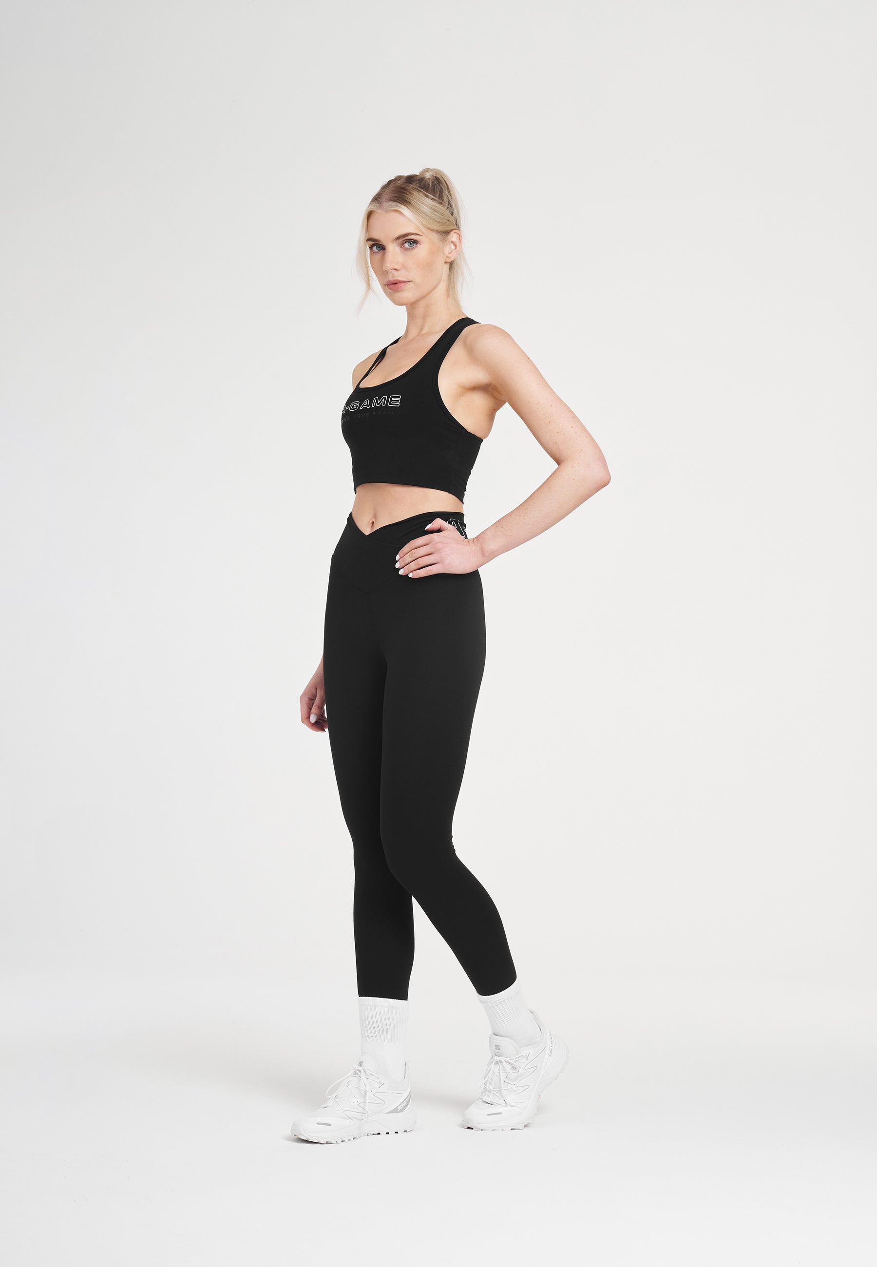WOMENS A-GAME HIGH WAISTED WRAPPED YOGA LEGGINGS - BLACK
