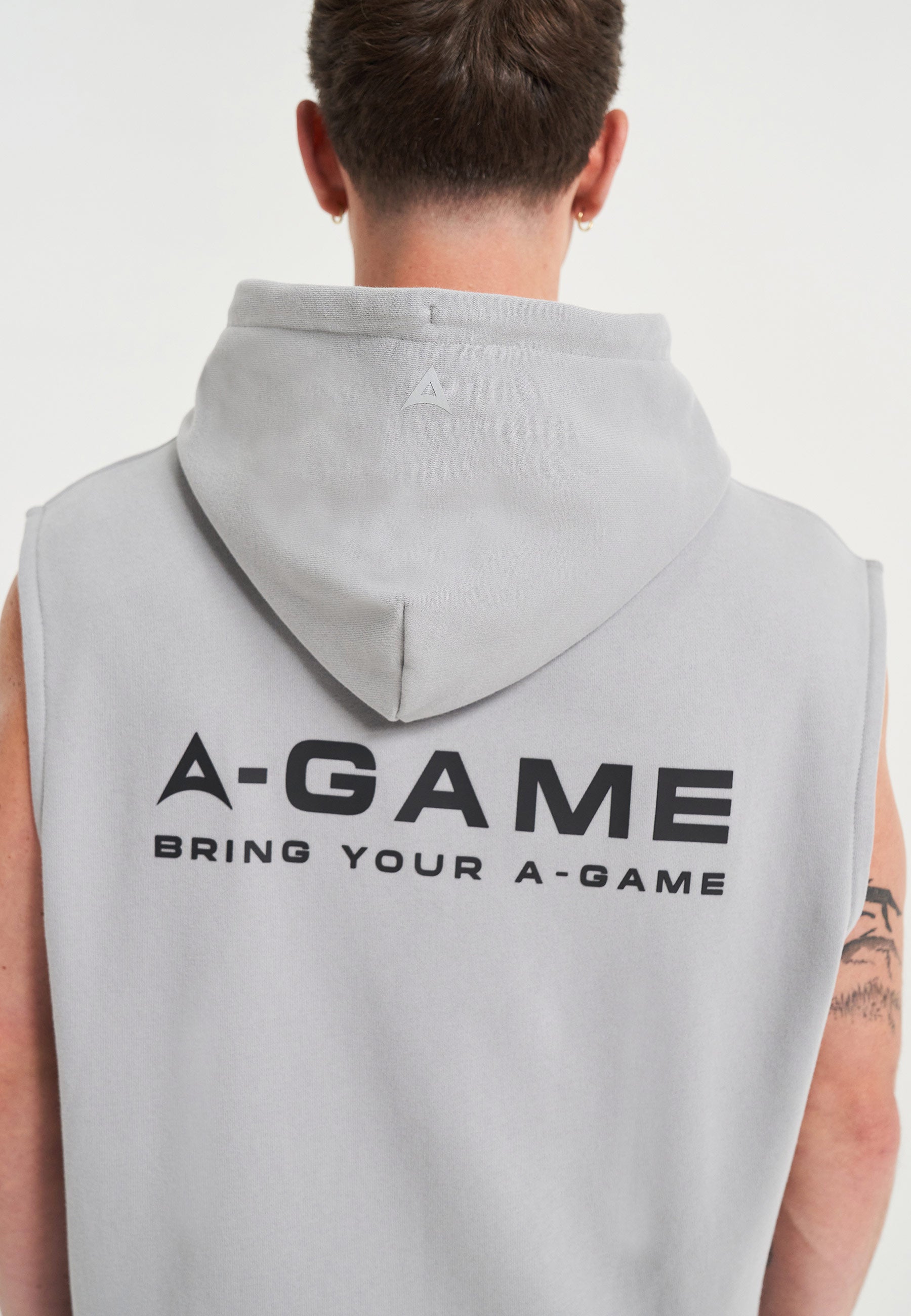 MENS A-GAME LOGO GRAPHIC SLEEVELESS HOODIE - STEEL GREY