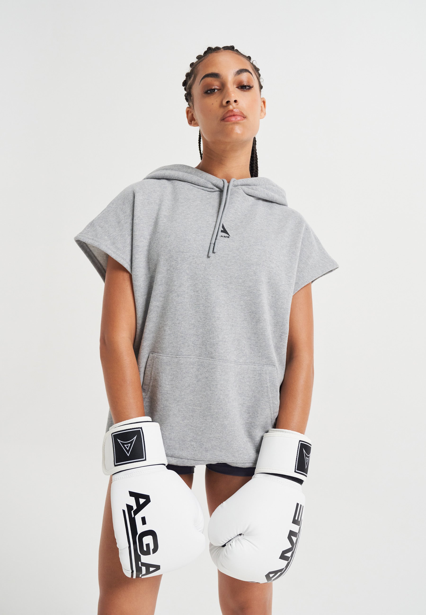 WOMENS A-GAME ROTATE LOGO CROPPED SLEEVELESS HOODIE - GREY MARL