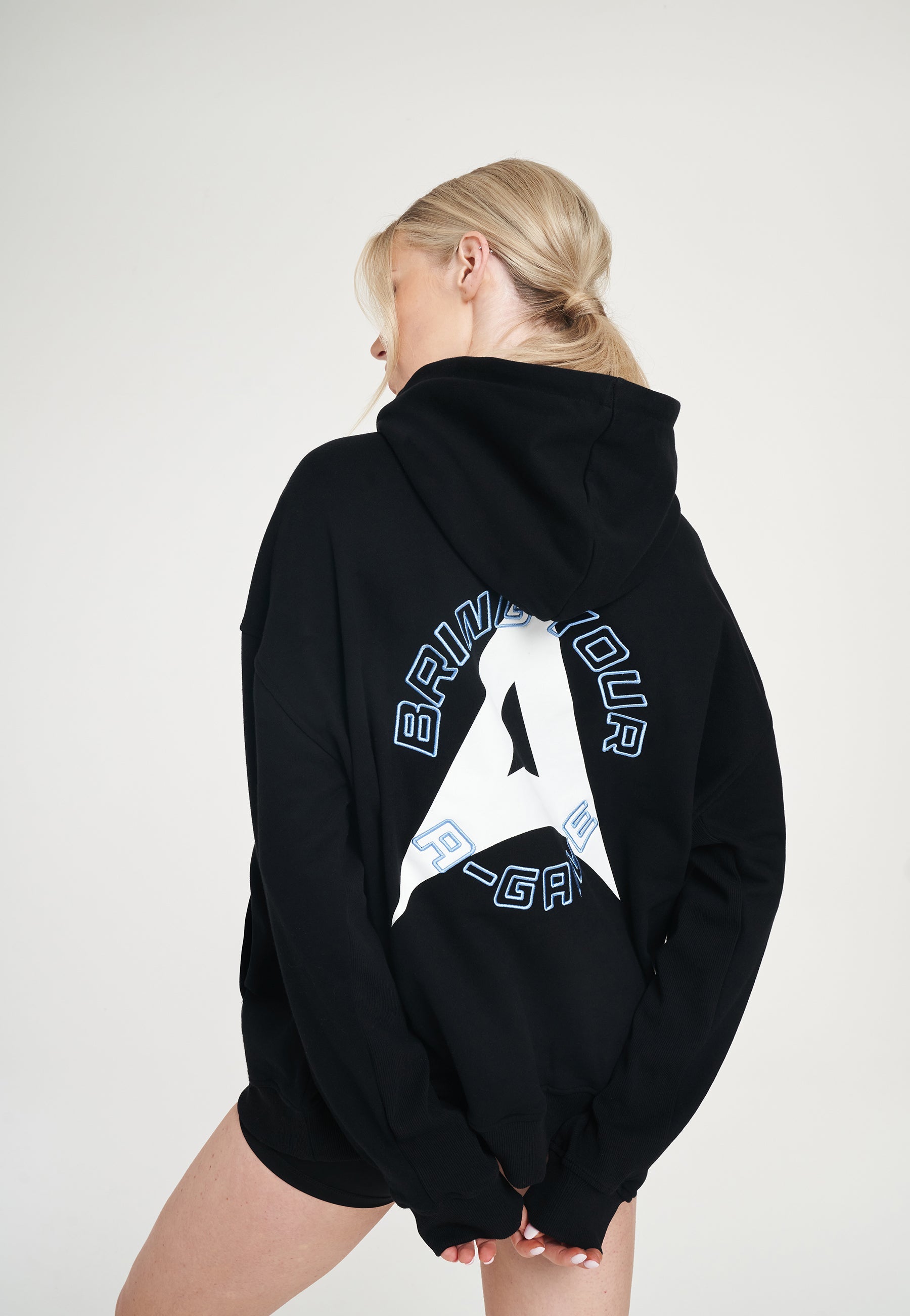 WOMENS BRING YOUR A-GAME GRAPHIC HOODIE - BLACK