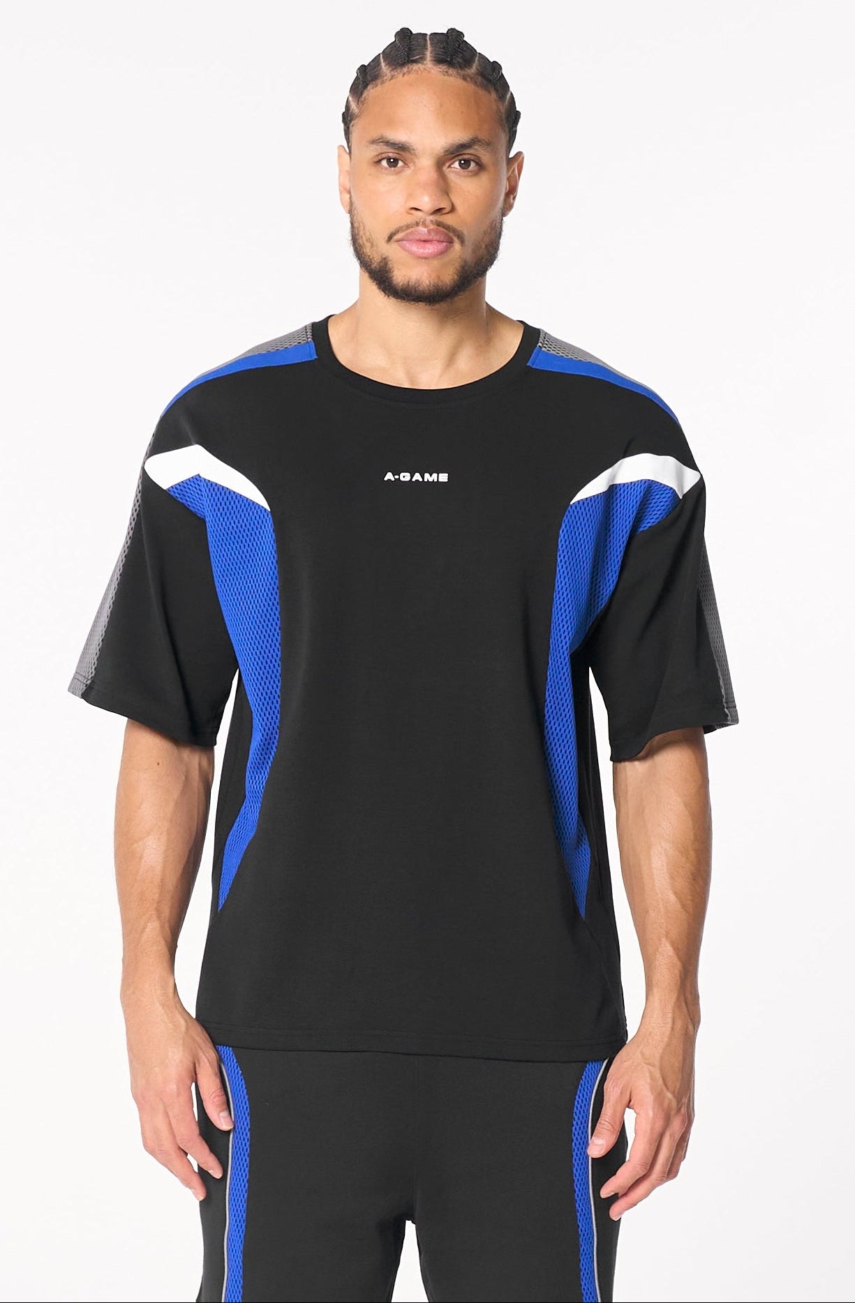 MENS LIFEWEAR PANELLED MESH SPORT T-SHIRT - BLACK / COBALT BLUE