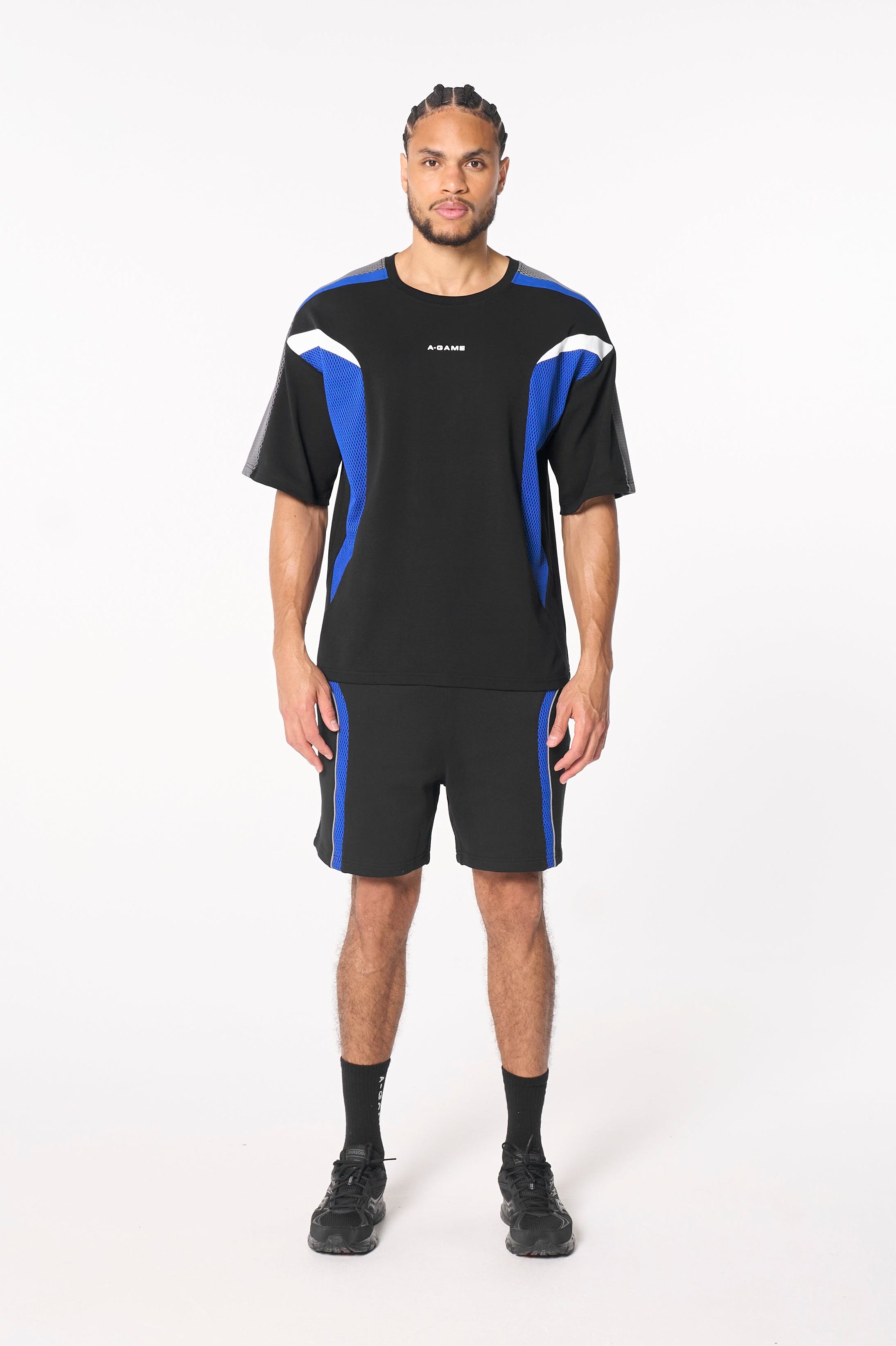 Men's Mesh Panelled Sweat Shorts - Black / Cobalt Blue