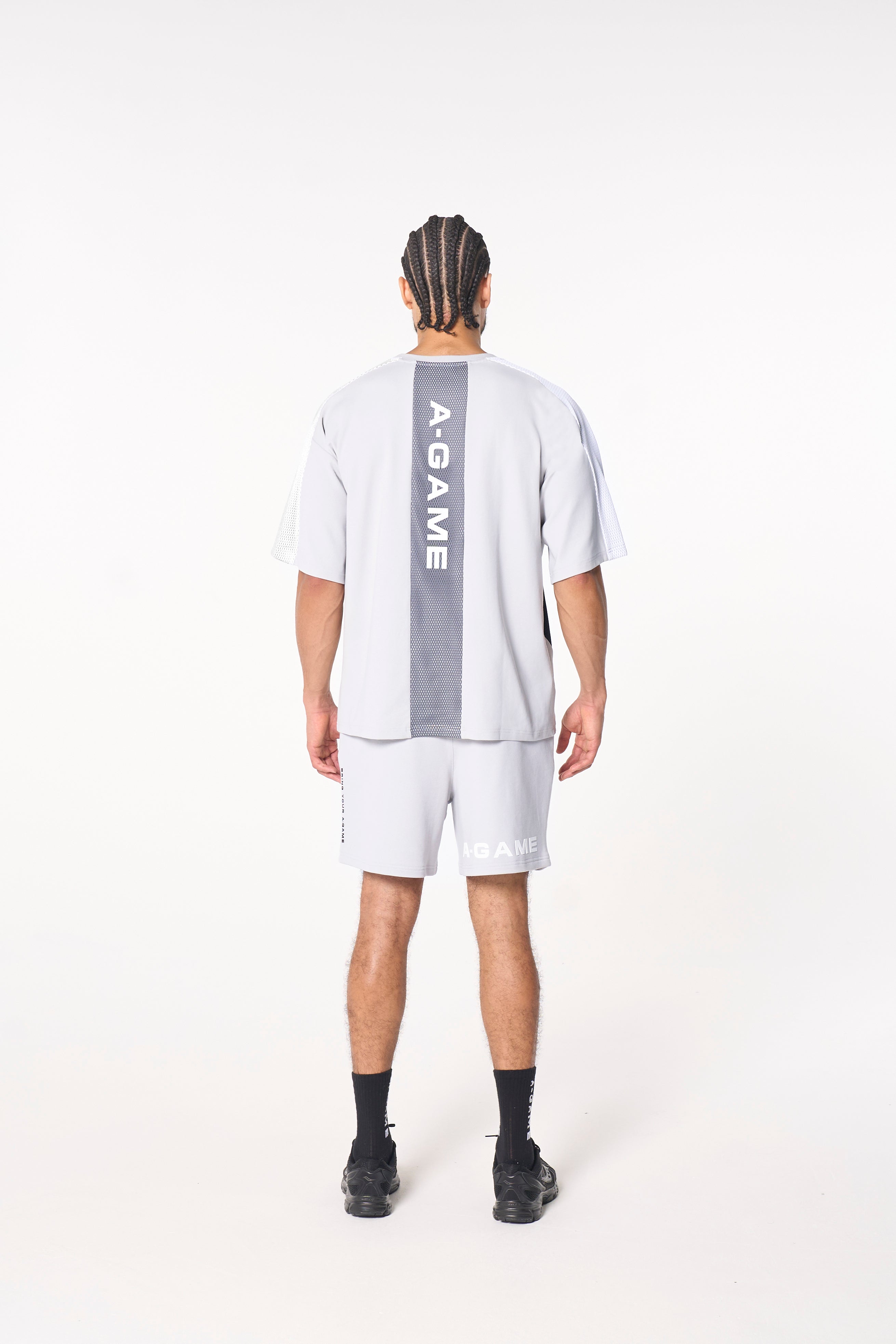 MENS LIFEWEAR MESH PANELLED SWEAT SHORTS - GREY / BLACK