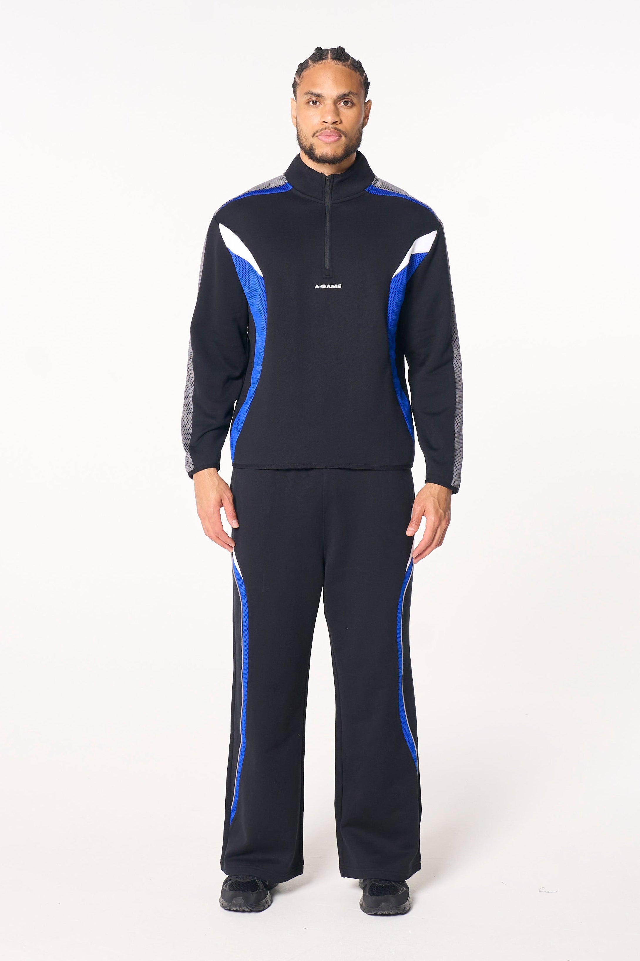 Men's Mesh Panelled Straight Leg Sweat Pants - Black / Cobalt Blue