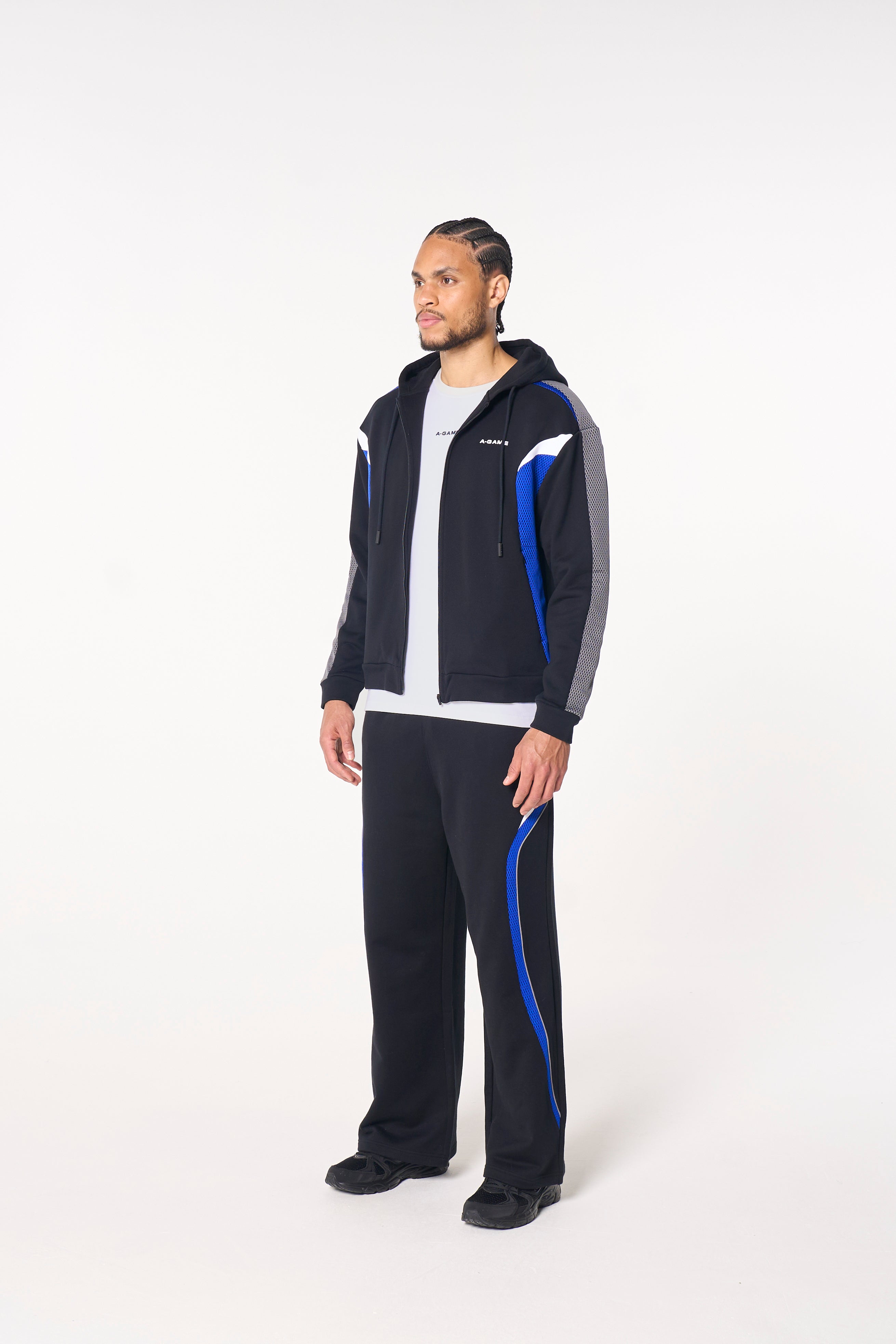 MENS LIFEWEAR PANELLED MESH SPORT ZIP THROUGH HOODIE - BLACK / COBALT BLUE