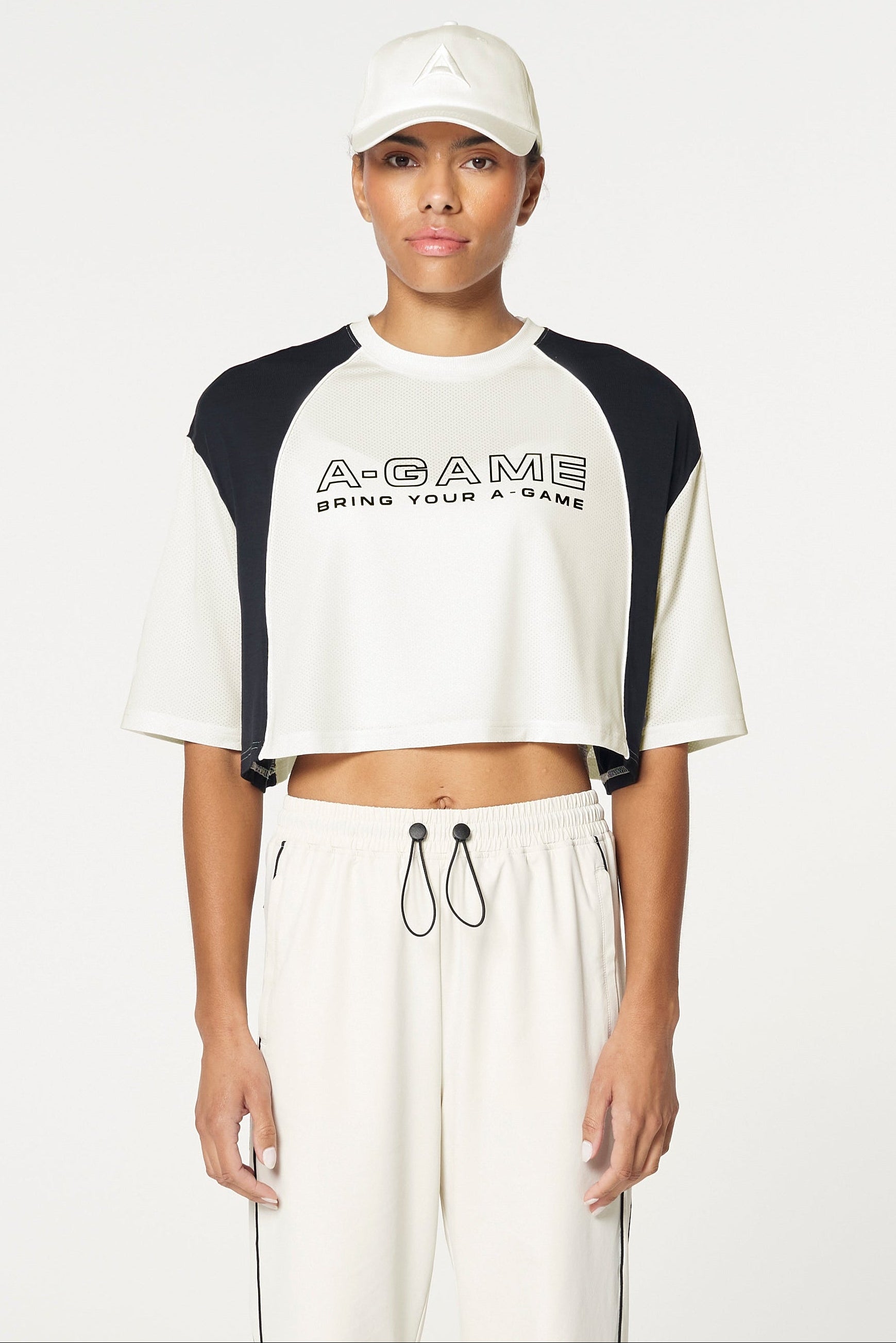 WOMENS LIFEWEAR CROPPED MESH PANEL T-SHIRT - ECRU