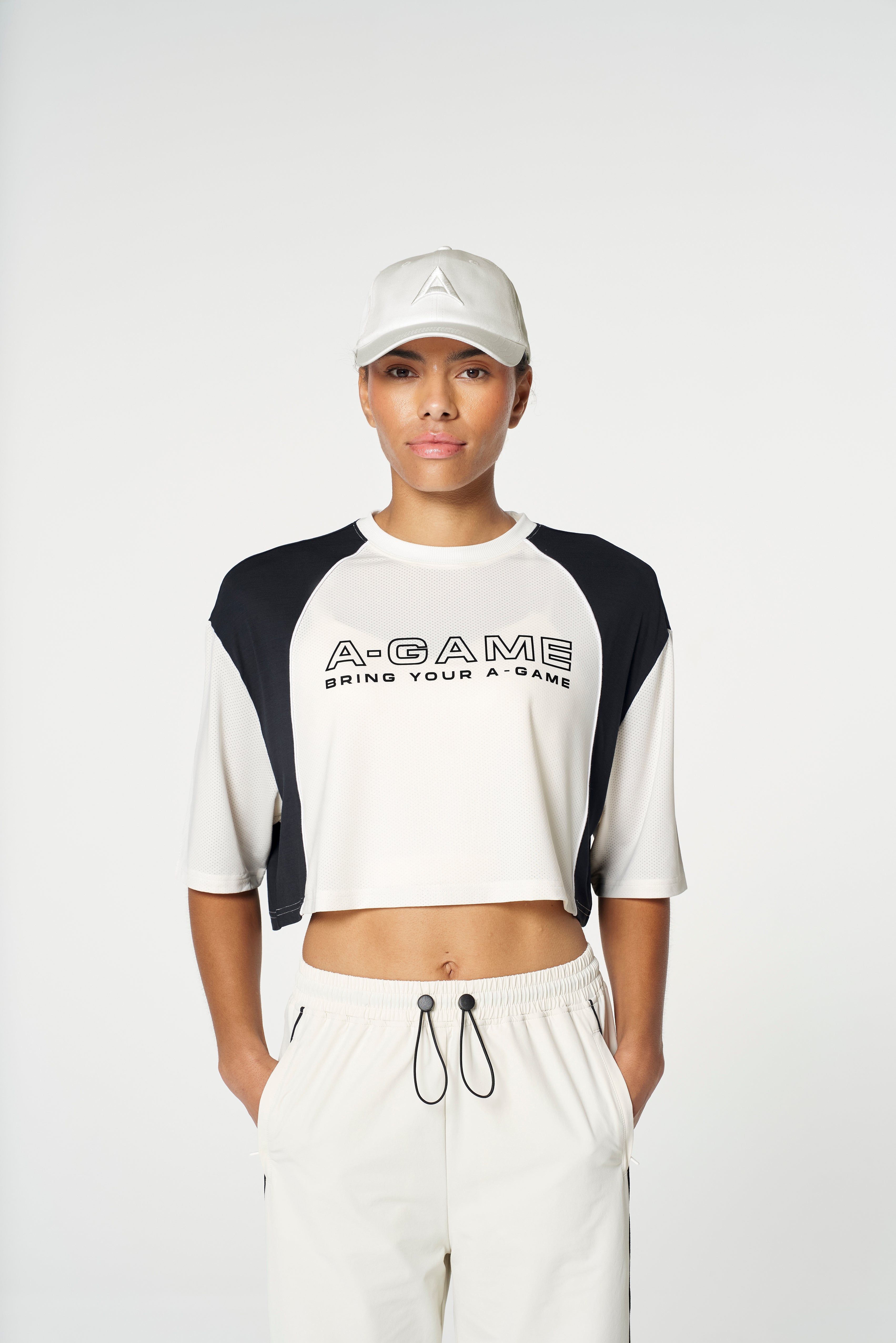 WOMENS LIFEWEAR CROPPED MESH PANEL T-SHIRT - ECRU