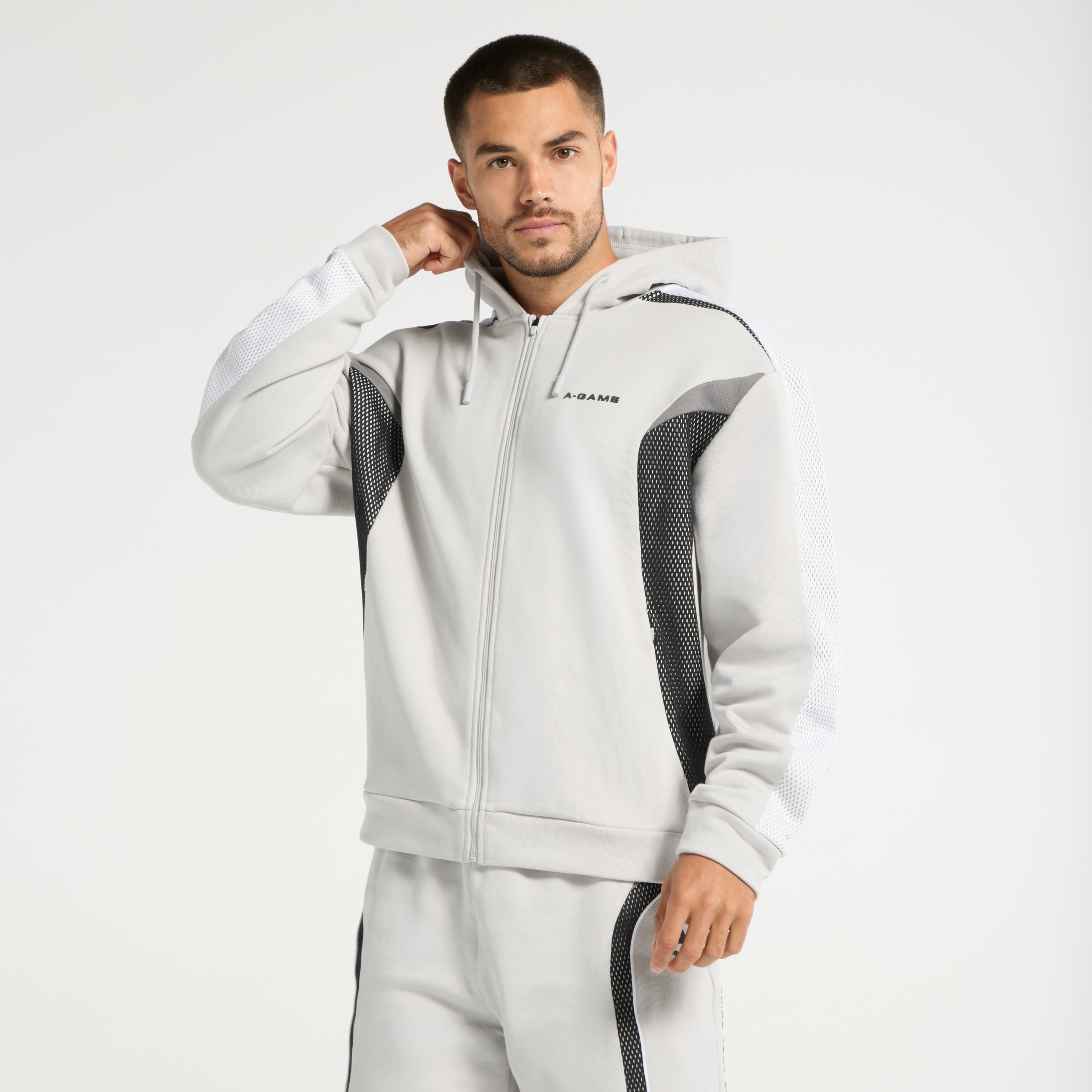 Men's Panelled Mesh Sport Zip Through Hoodie - Grey / Black