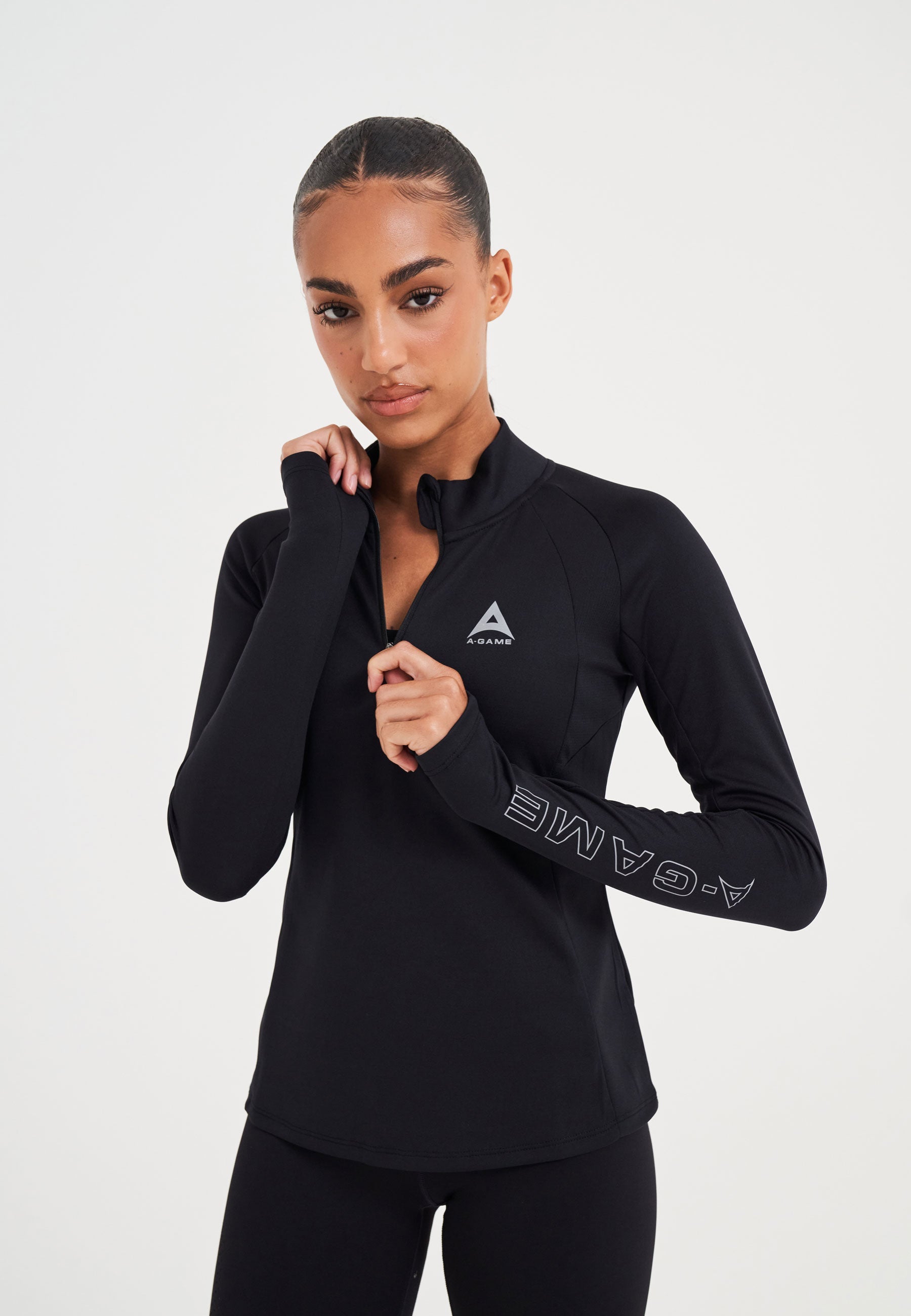 WOMENS A-GAME QUARTER ZIP FITTED TRAINING TOP - BLACK