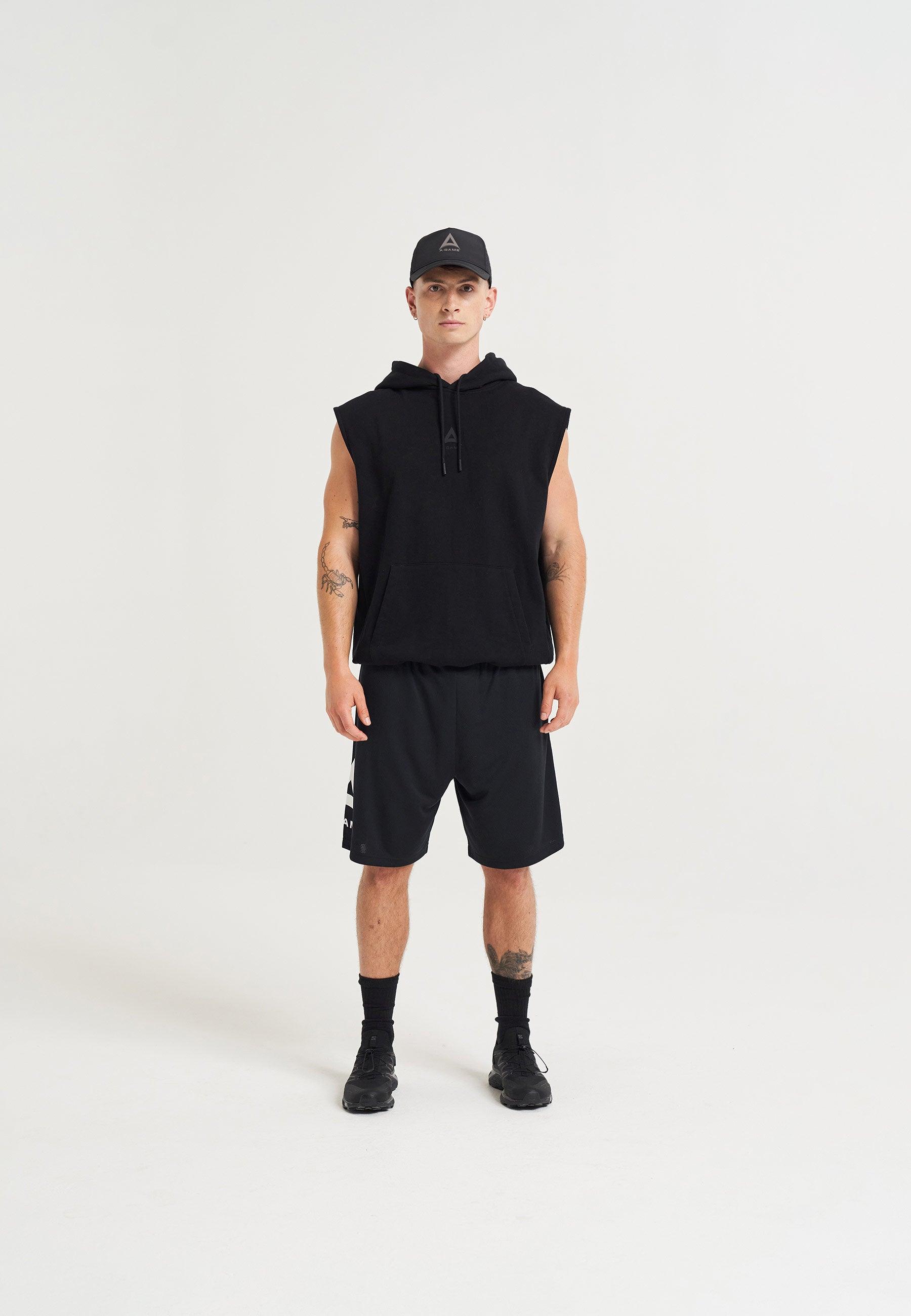 MENS A-GAME LOGO GRAPHIC SLEEVELESS HOODIE - BLACK