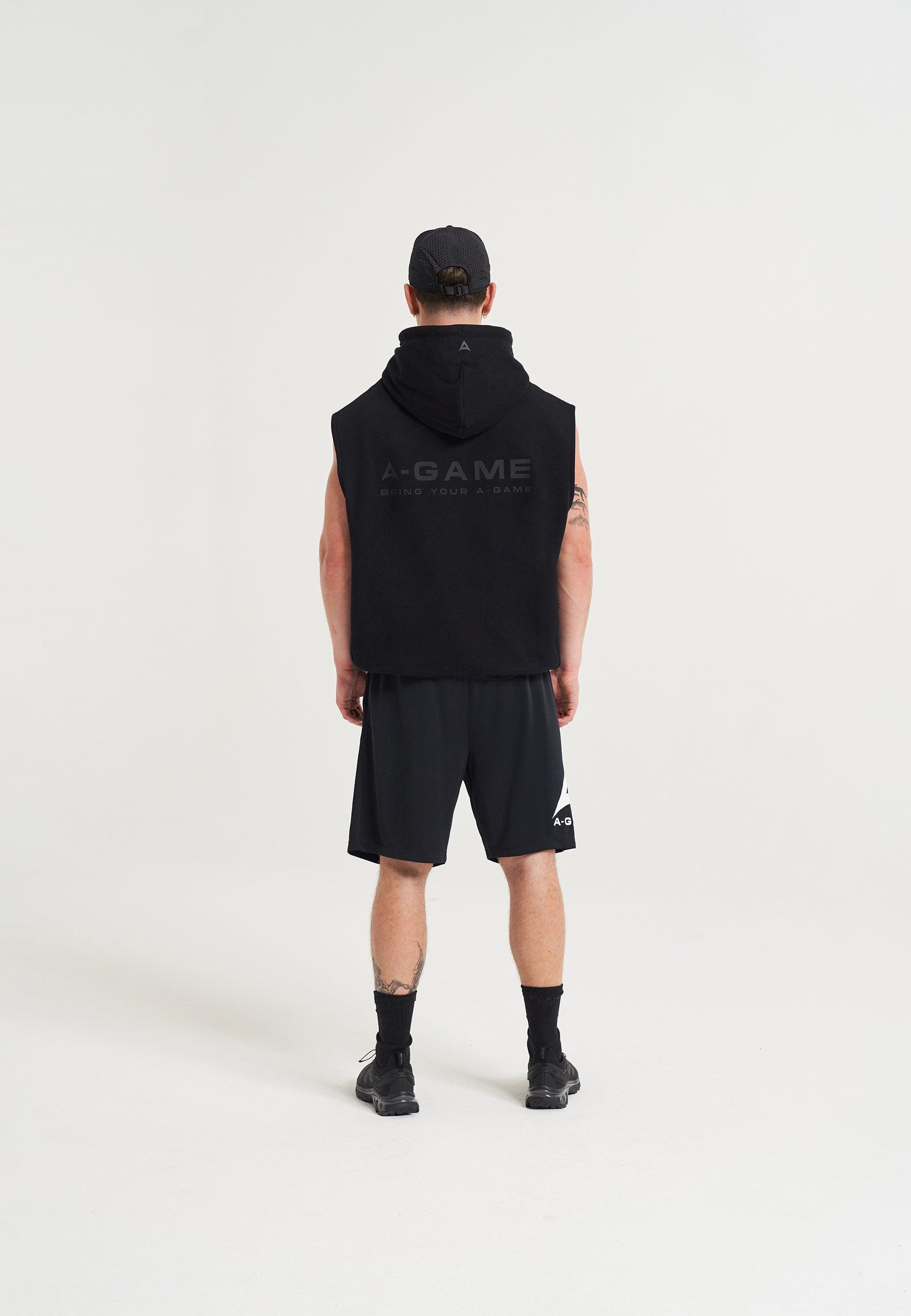 MENS A-GAME LOGO GRAPHIC SLEEVELESS HOODIE - BLACK