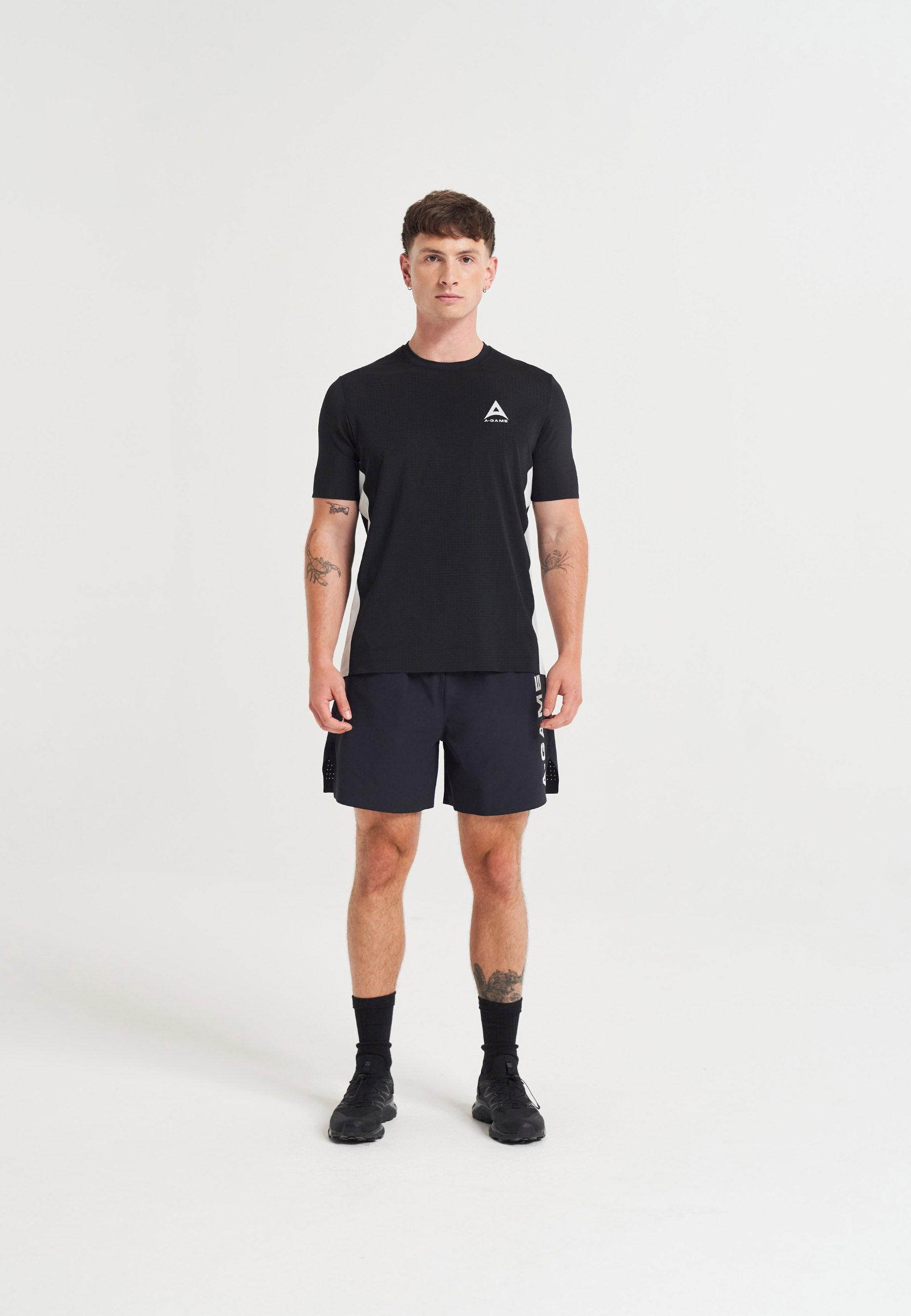 MENS A-GAME PANELLED TRAINING T-SHIRT - BLACK/LT GREY
