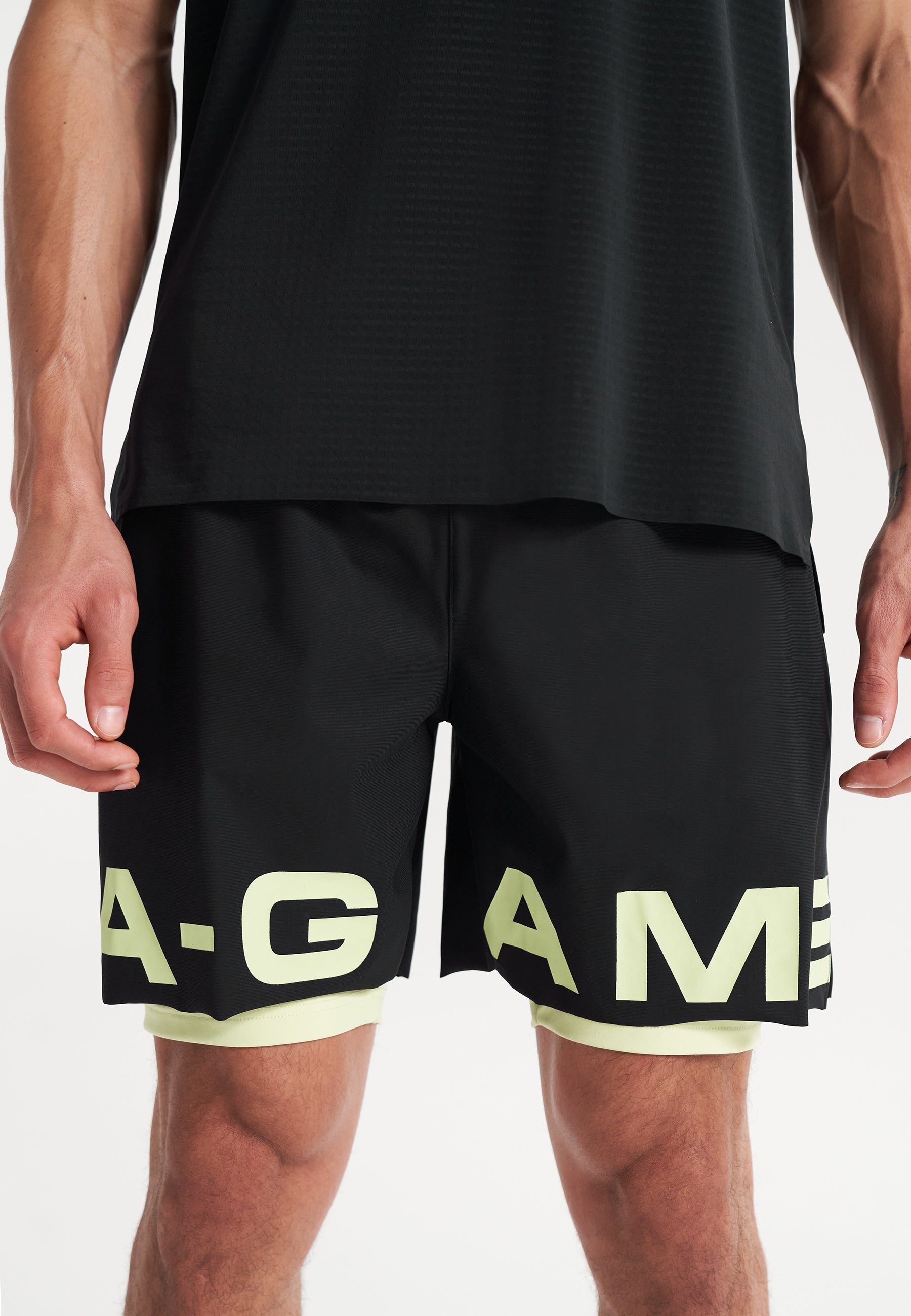 MENS A-GAME 2 IN 1 TRAINING SHORTS - BLACK/LIME