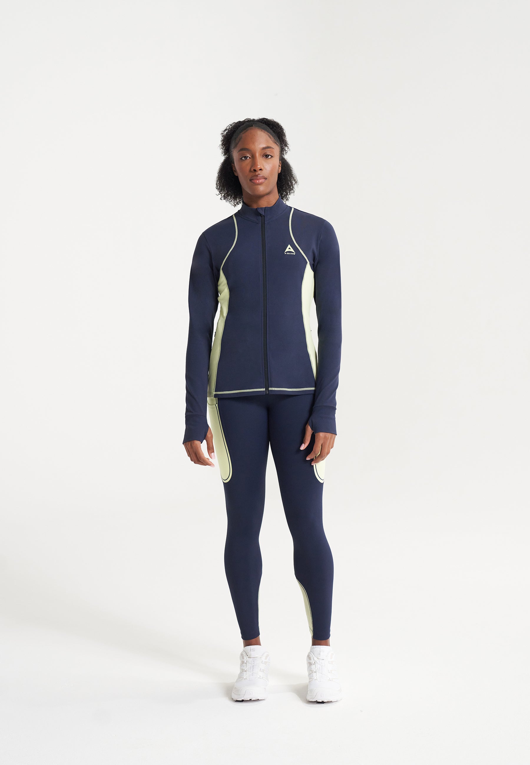 WOMENS A-GAME REFLECTIVE RUNNING LEGGINGS - NAVY/LIME