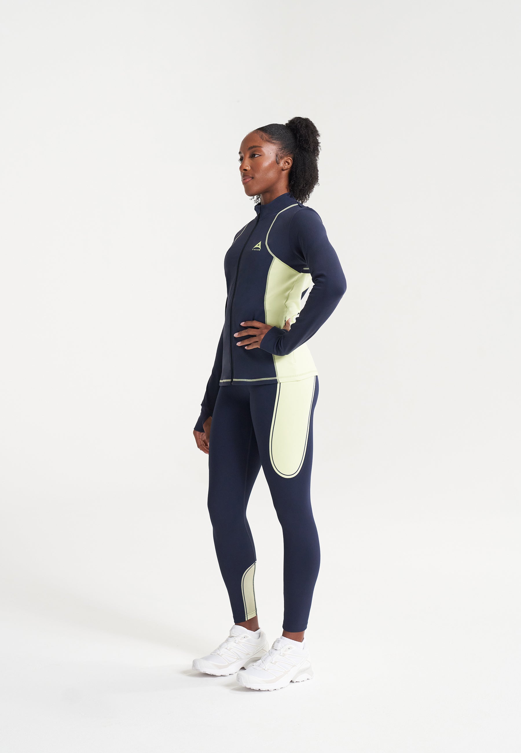 WOMENS A-GAME REFLECTIVE RUNNING LEGGINGS - NAVY/LIME