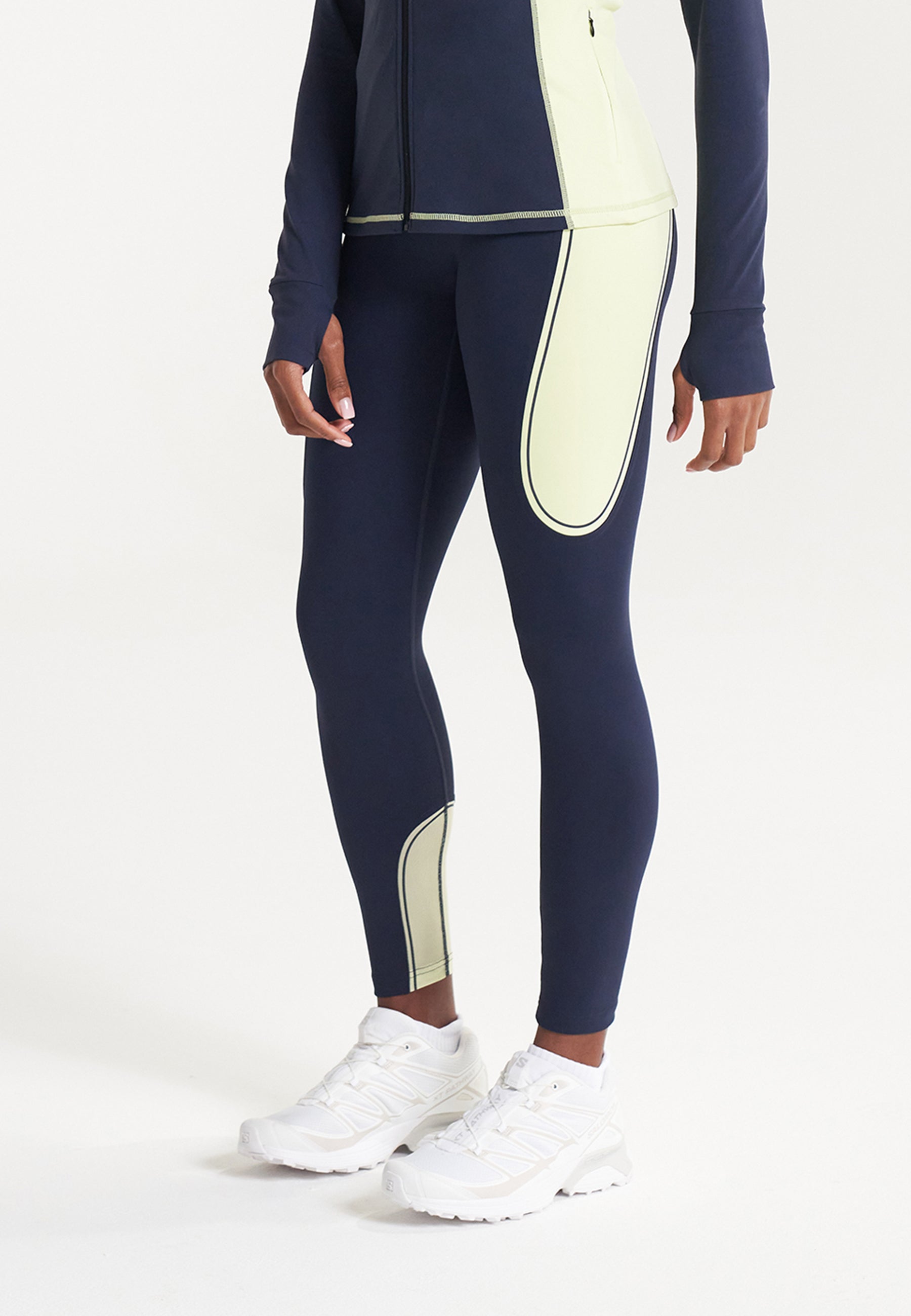 WOMENS A-GAME REFLECTIVE RUNNING LEGGINGS - NAVY/LIME