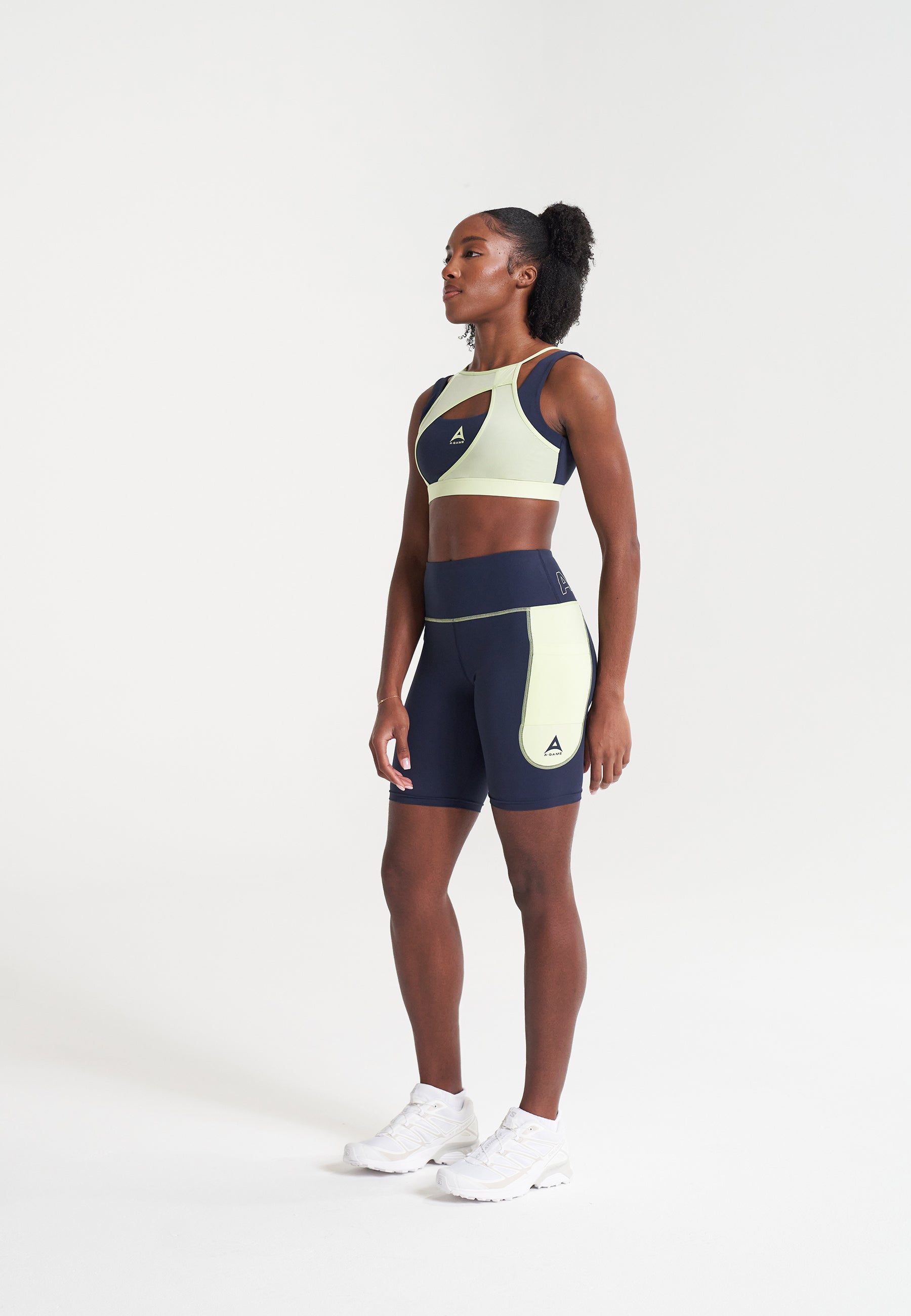 WOMENS A-GAME LAYERED SPORTS BRAS - NAVY/LIME