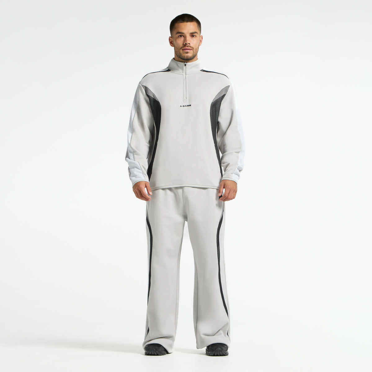 Men's Panelled Mesh Sport Half Zip - Grey / Black