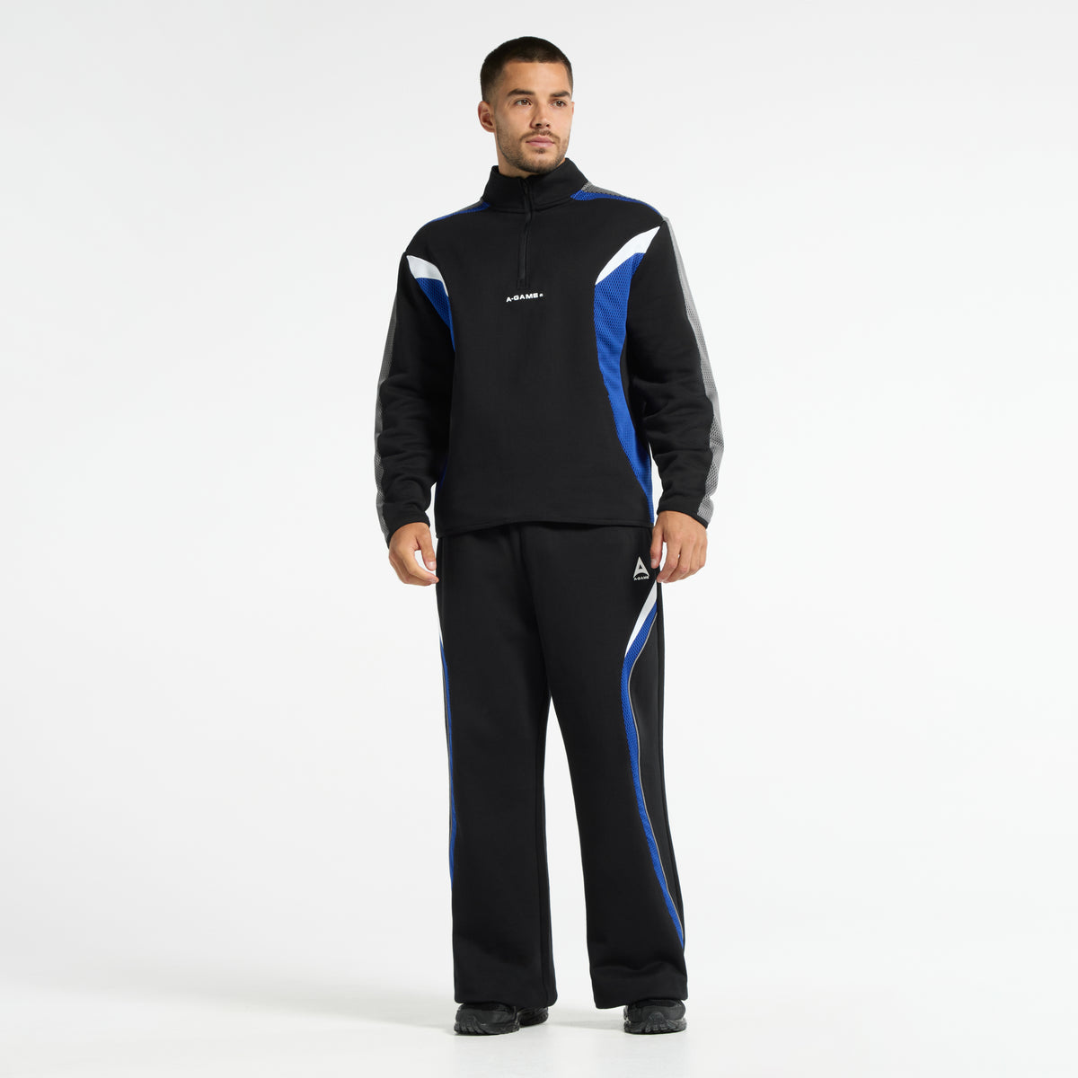 Men's Panelled Mesh Sport Half Zip - Black / Cobalt Blue