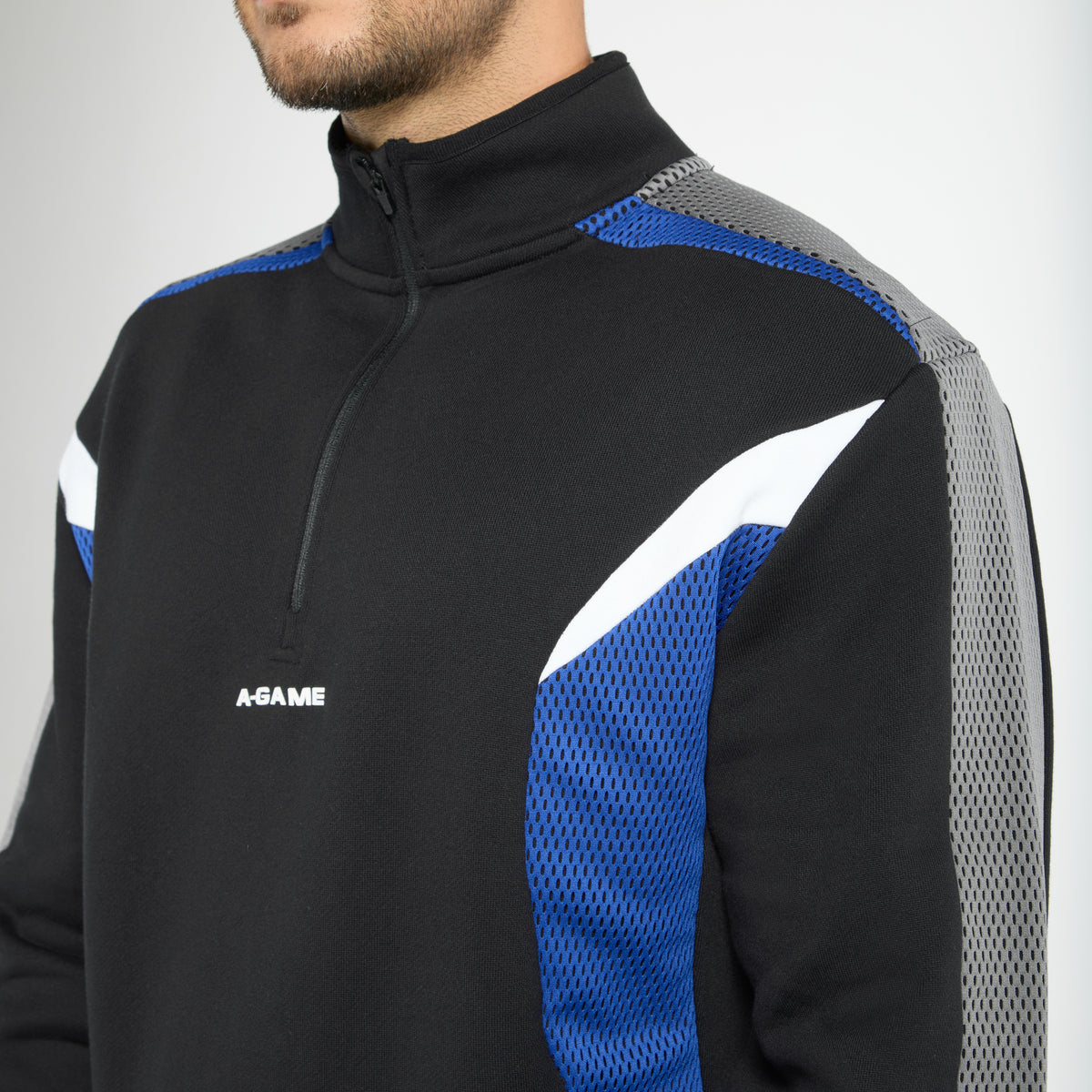 Men's Panelled Mesh Sport Half Zip - Black / Cobalt Blue