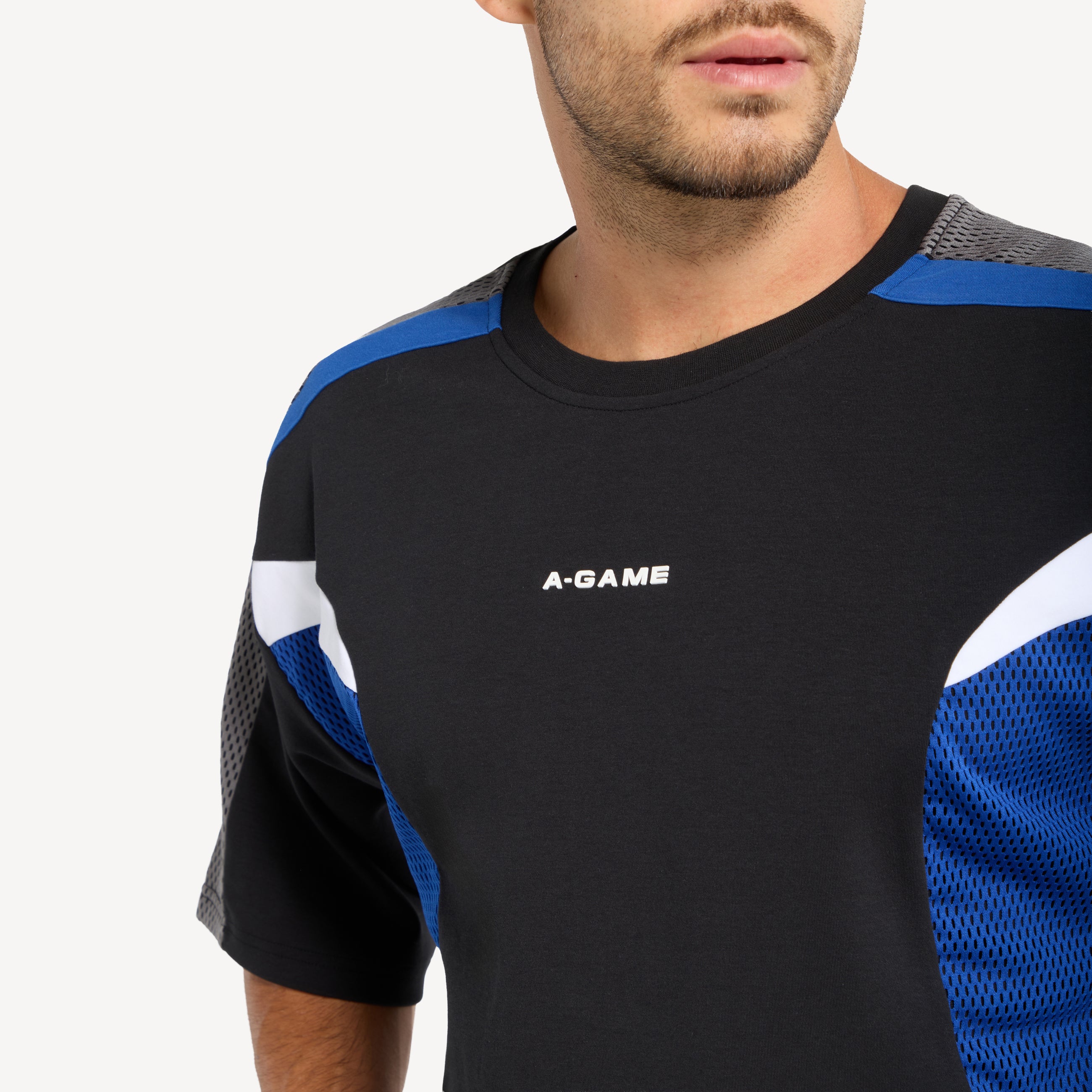 Men's Panelled Mesh Sport T-Shirt - Black / Cobalt Blue