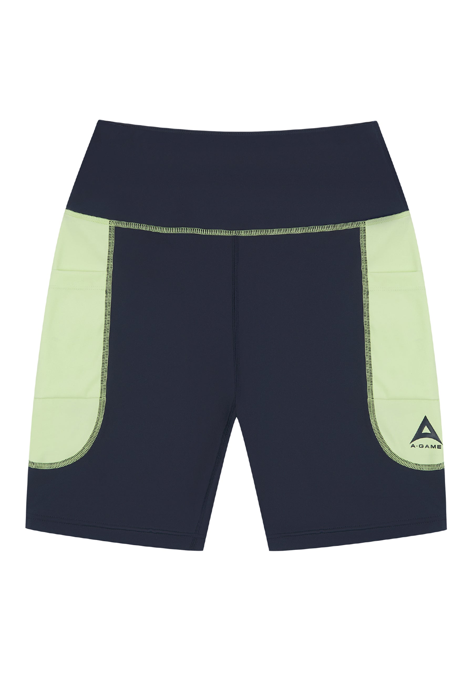 WOMENS A-GAME HIGH RISE BIKER SHORTS - NAVY/LIME
