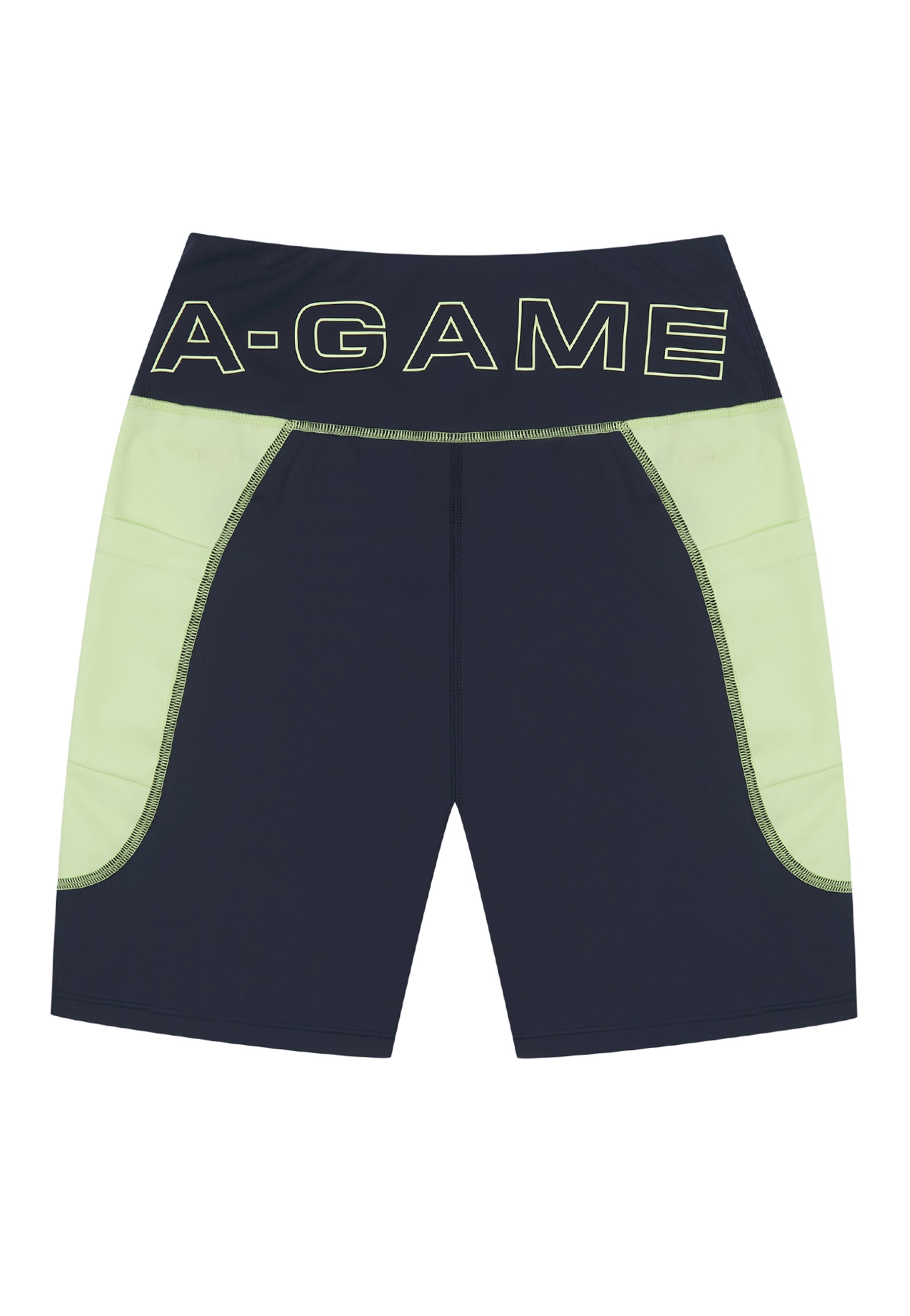 WOMENS A-GAME HIGH RISE BIKER SHORTS - NAVY/LIME