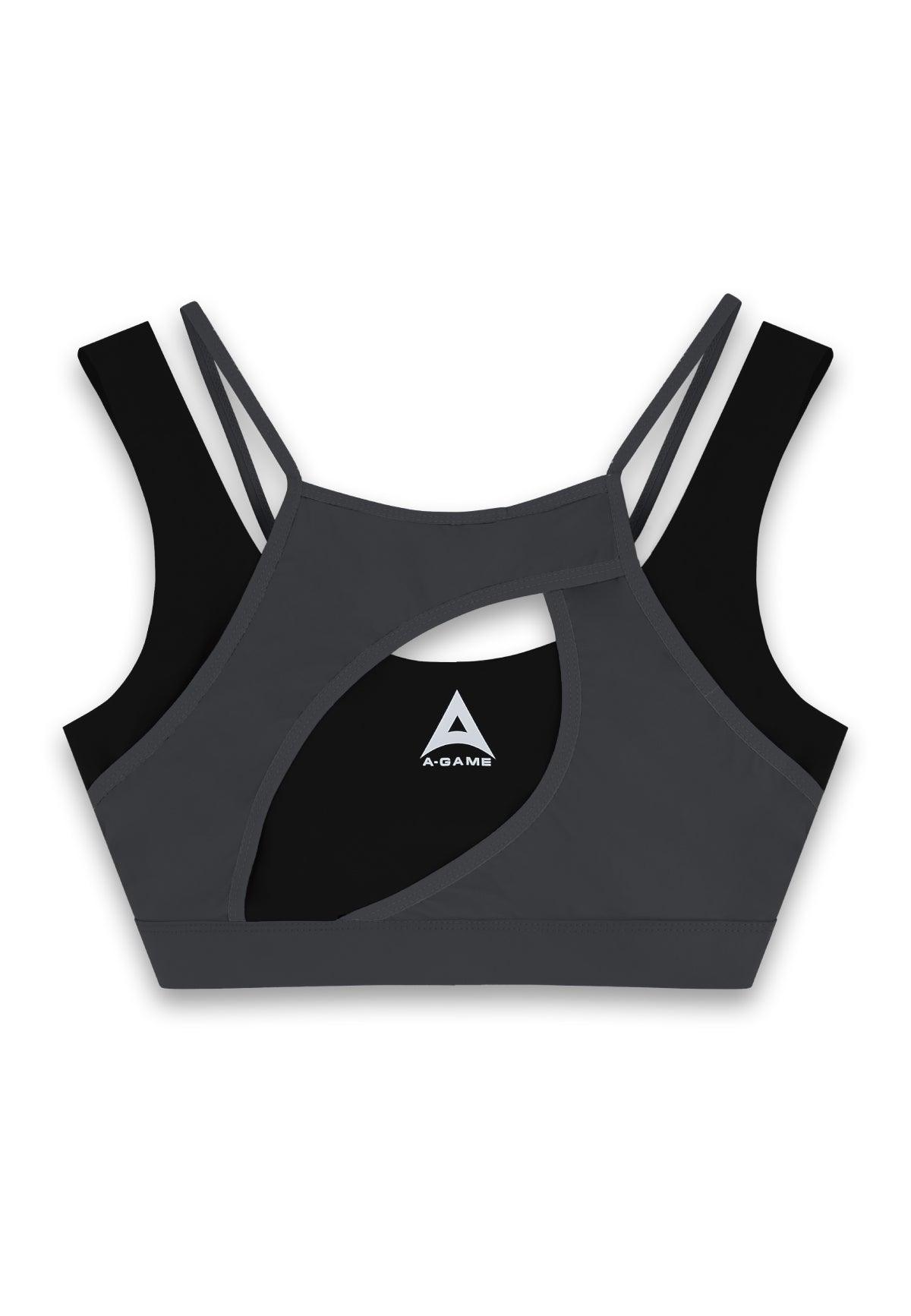 WOMENS A-GAME LAYERED SPORTS BRA - BLACK/ASPHALT