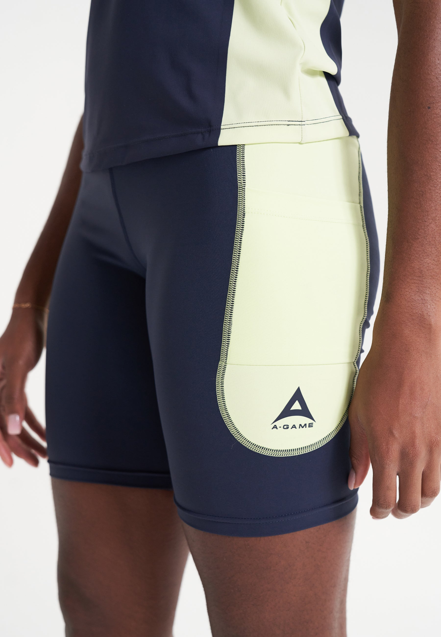 WOMENS A-GAME HIGH RISE BIKER SHORTS - NAVY/LIME