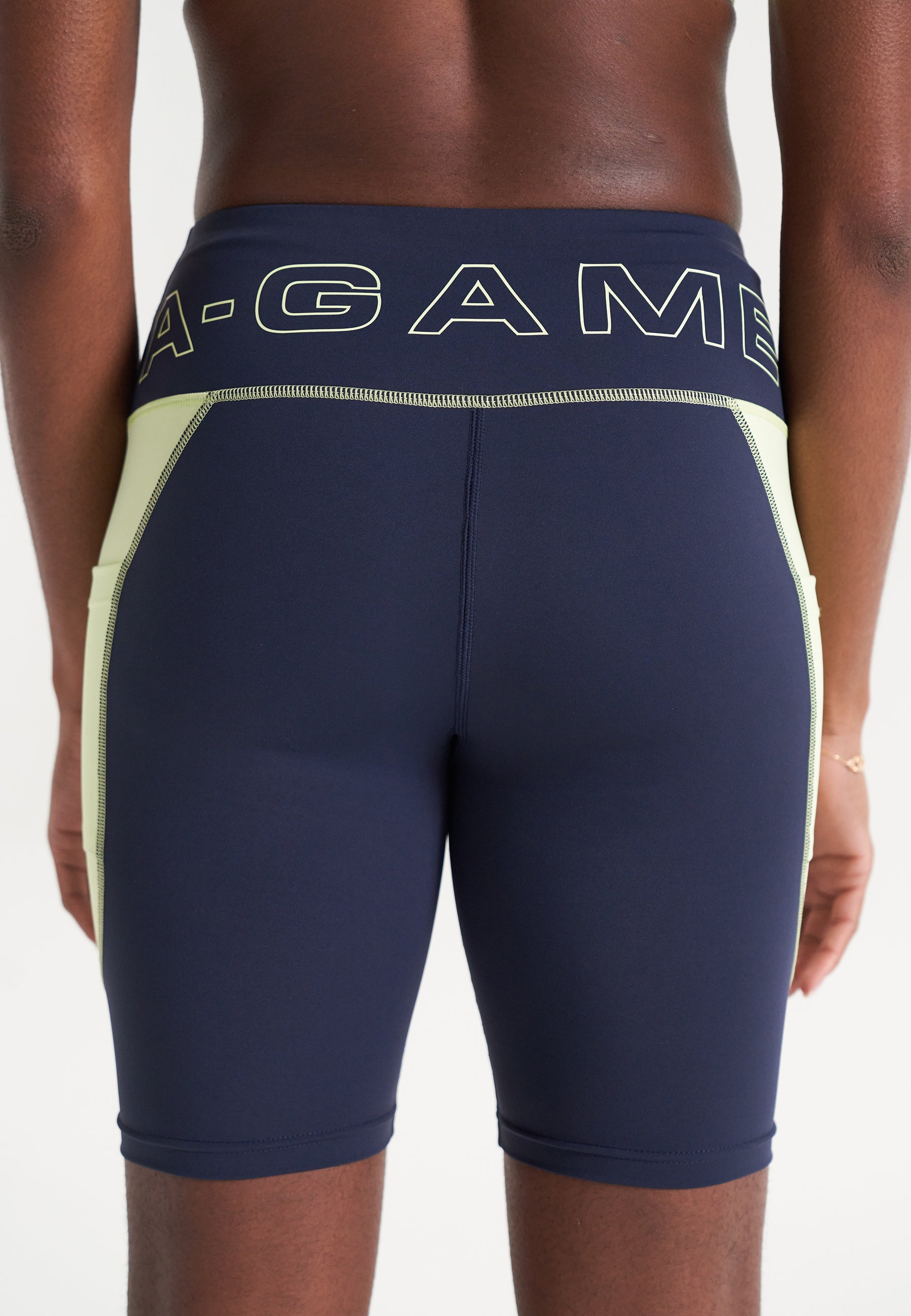 WOMENS A-GAME HIGH RISE BIKER SHORTS - NAVY/LIME
