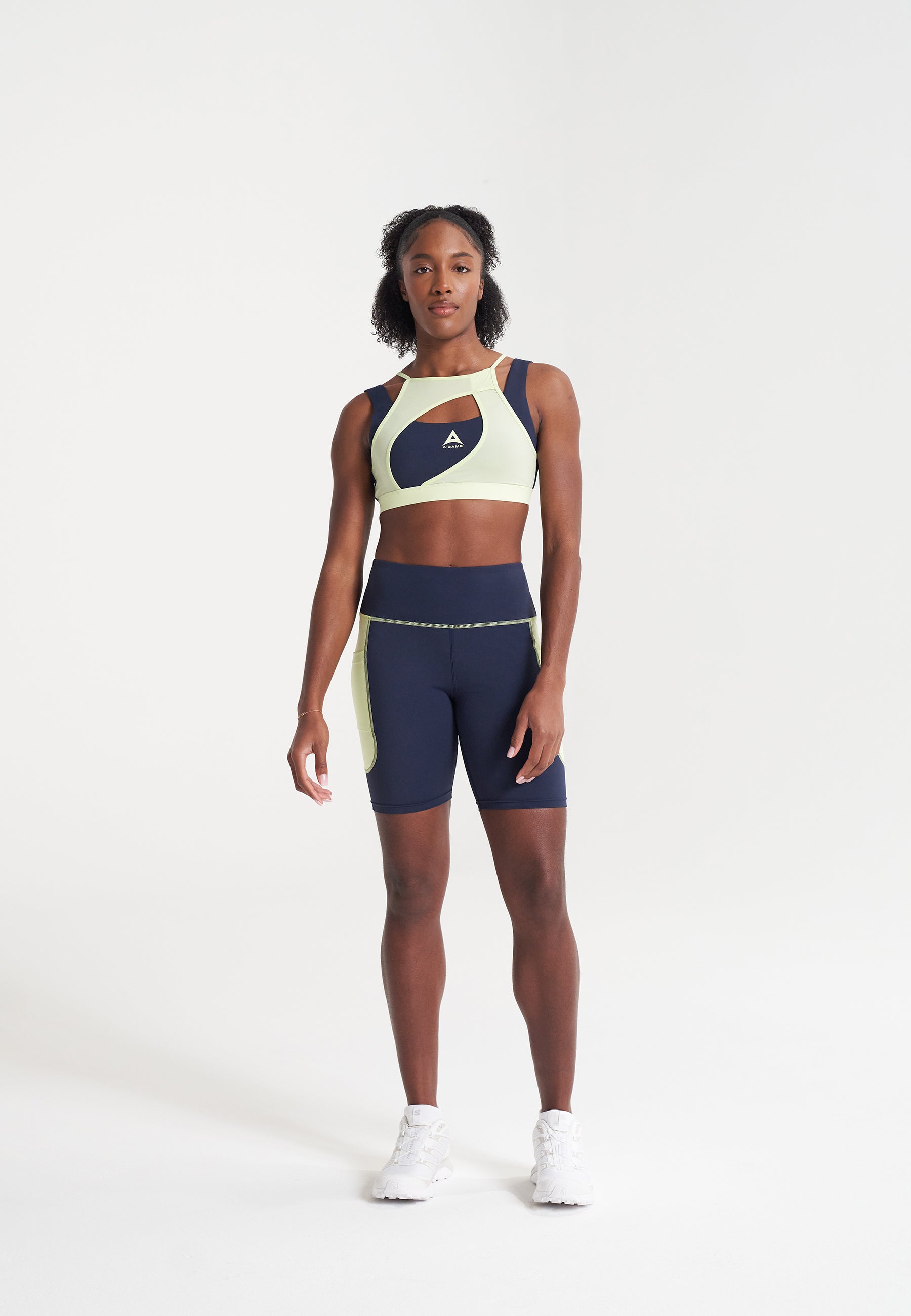 WOMENS A-GAME HIGH RISE BIKER SHORTS - NAVY/LIME