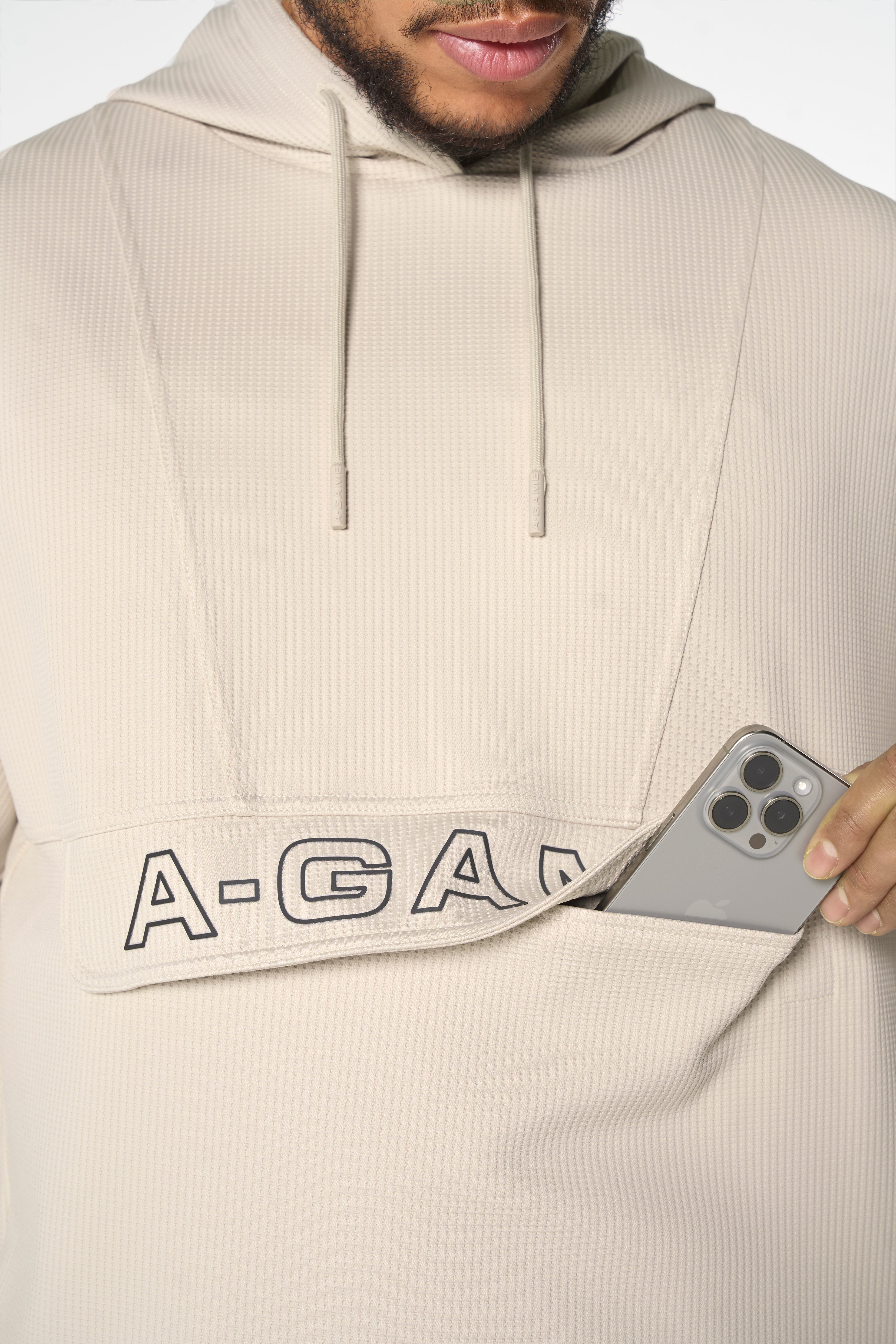 MENS LIFEWEAR WAFFLE TECH HOODIE - BEIGE