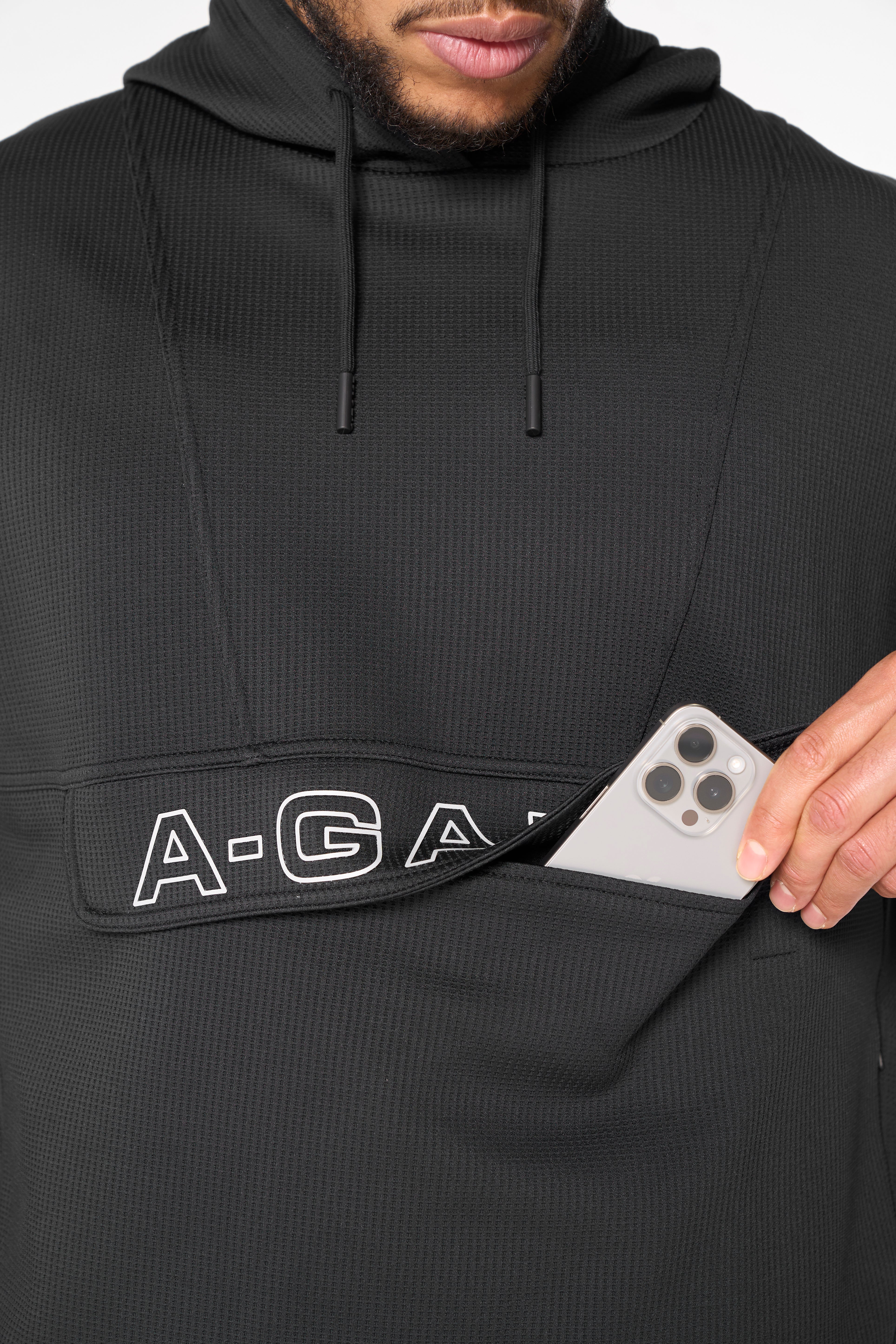 MENS LIFEWEAR WAFFLE TECH HOODIE - BLACK