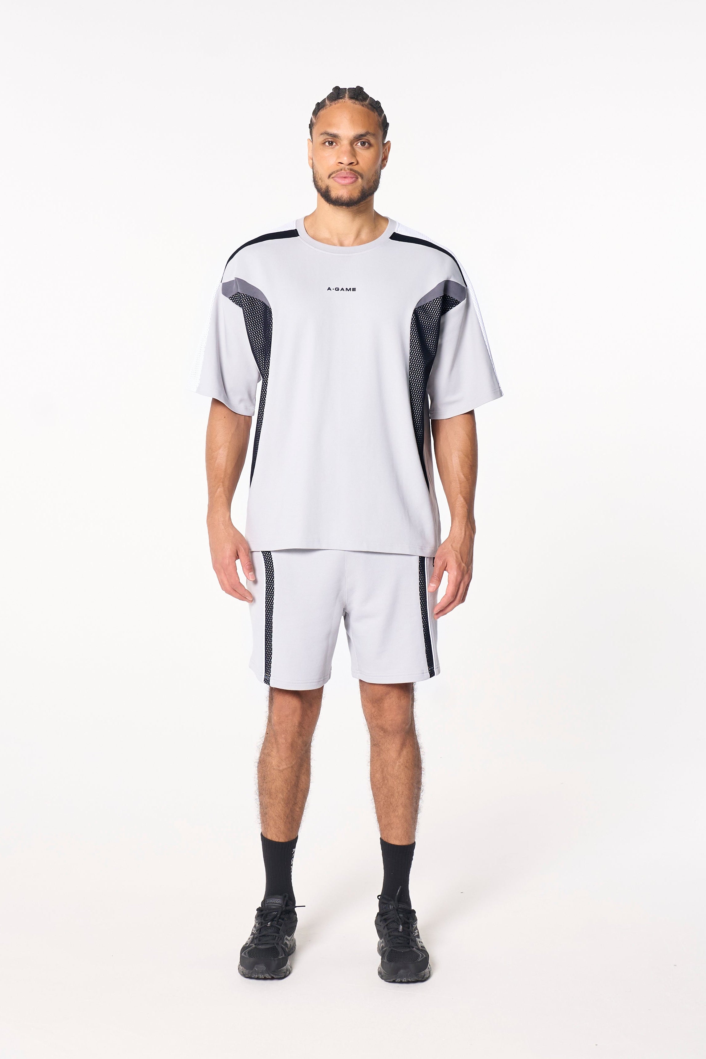 MENS LIFEWEAR MESH PANELLED SWEAT SHORTS - GREY / BLACK