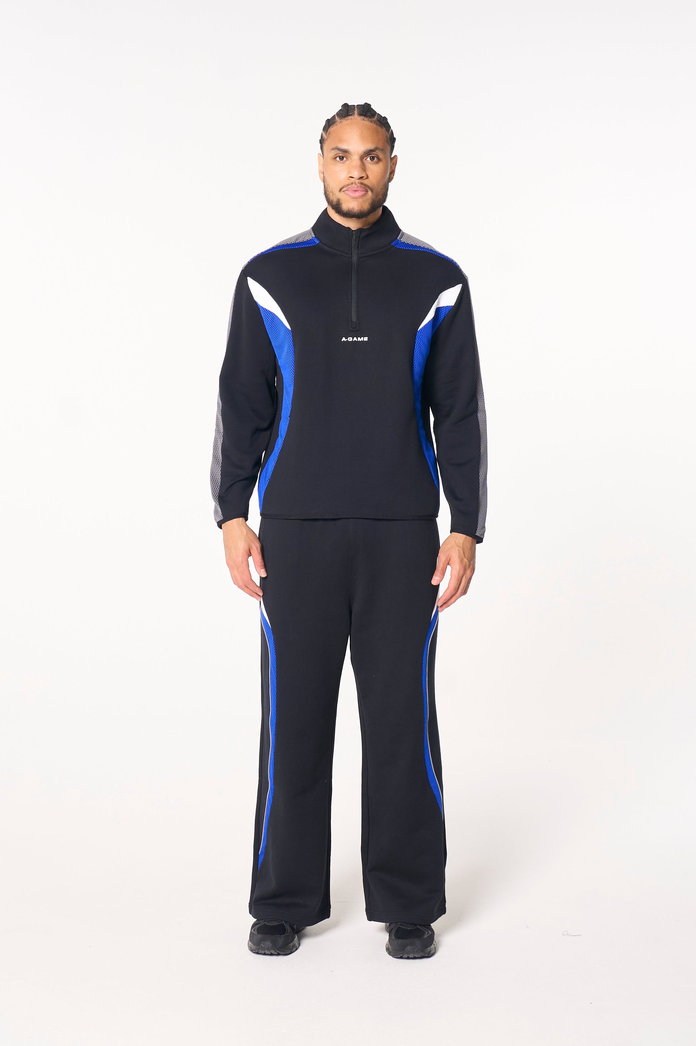 MENS LIFEWEAR MESH PANELLED STRAIGHT LEG SWEAT PANTS - BLACK / COBALT BLUE