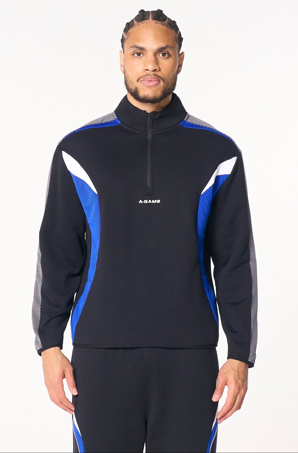 MENS LIFEWEAR PANELLED MESH SPORT HALF ZIP - BLACK / COBALT BLUE