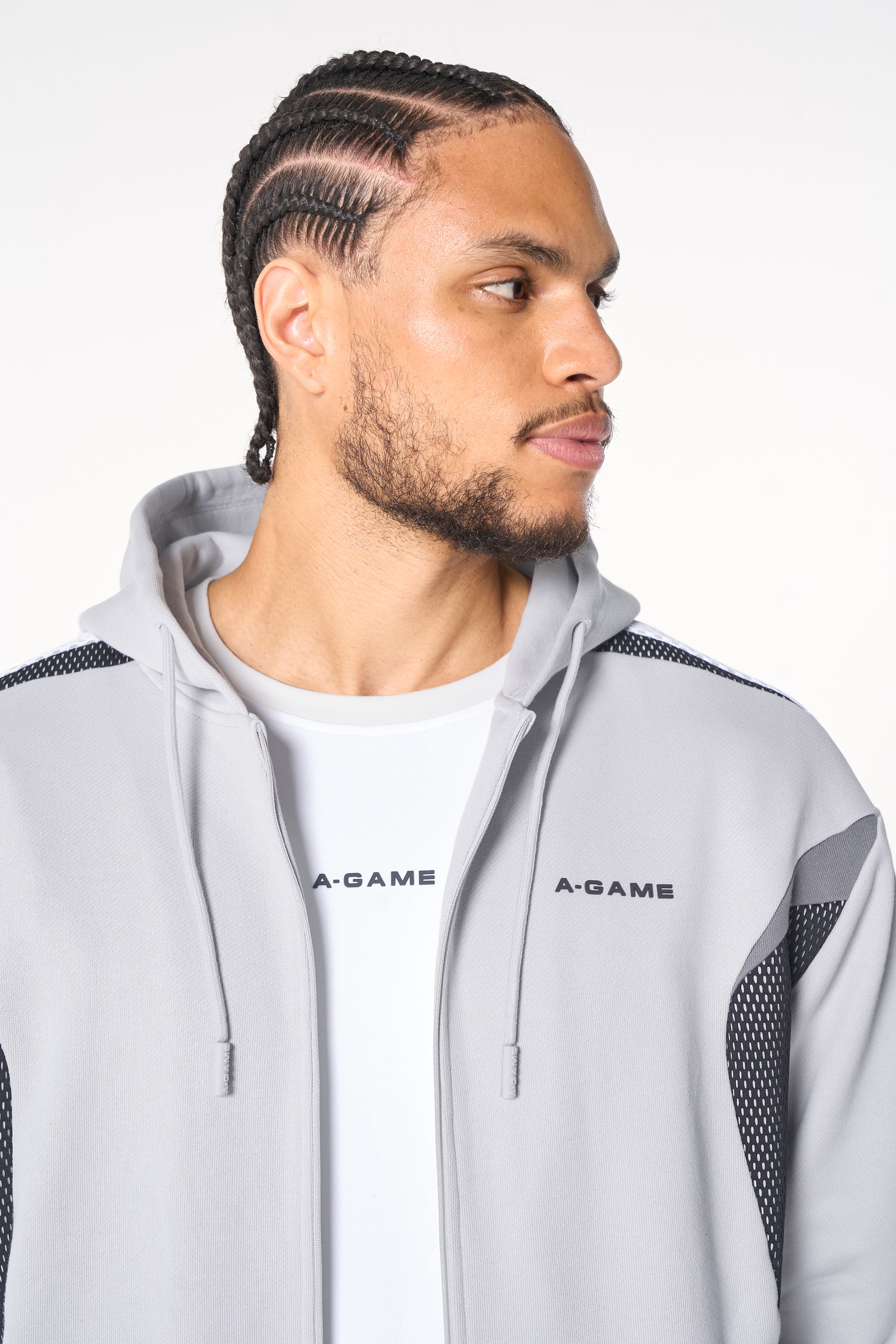 MENS LIFEWEAR PANELLED MESH SPORT ZIP THROUGH HOODIE - GREY / BLACK