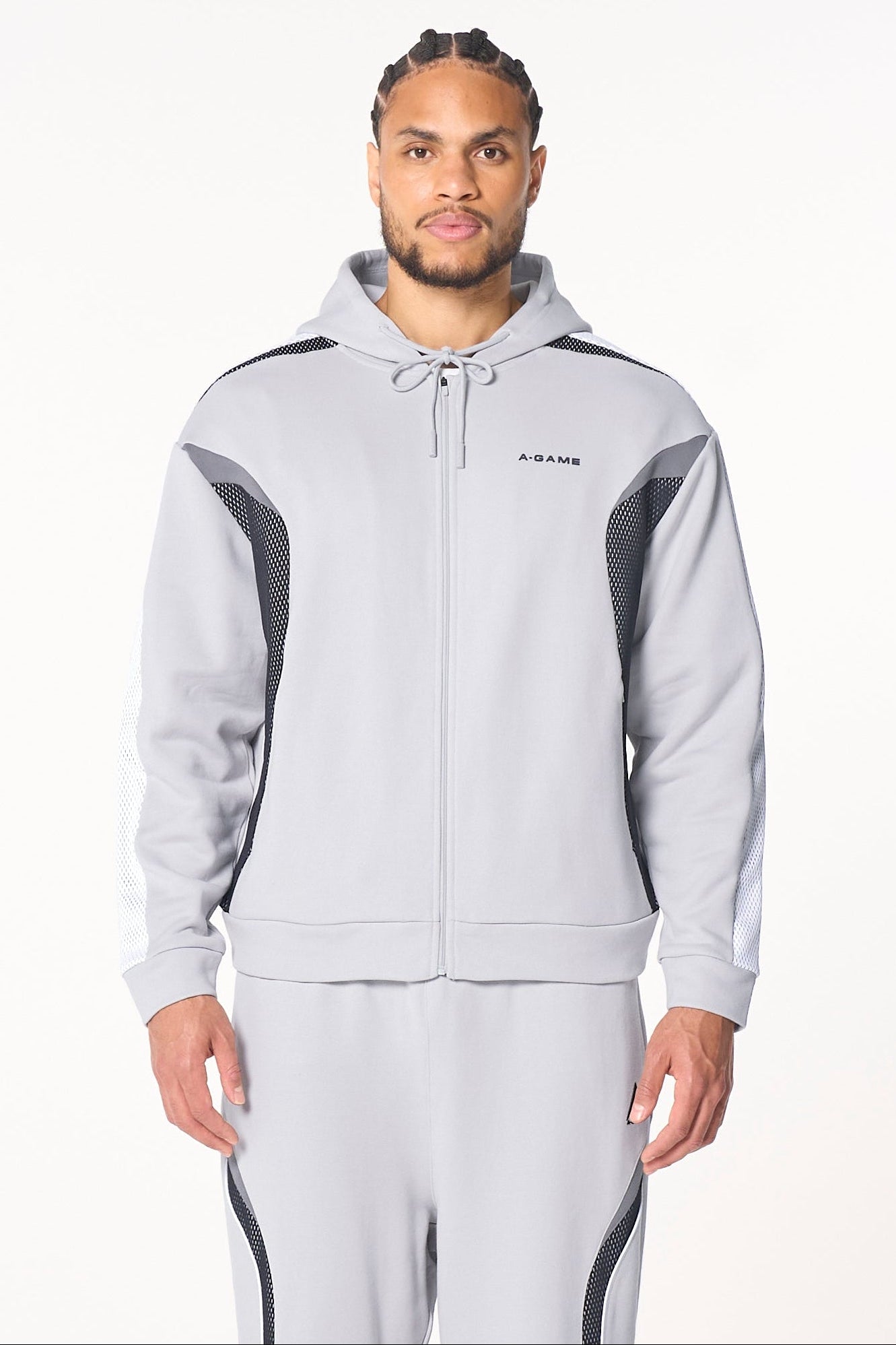 MENS LIFEWEAR PANELLED MESH SPORT ZIP THROUGH HOODIE - GREY / BLACK