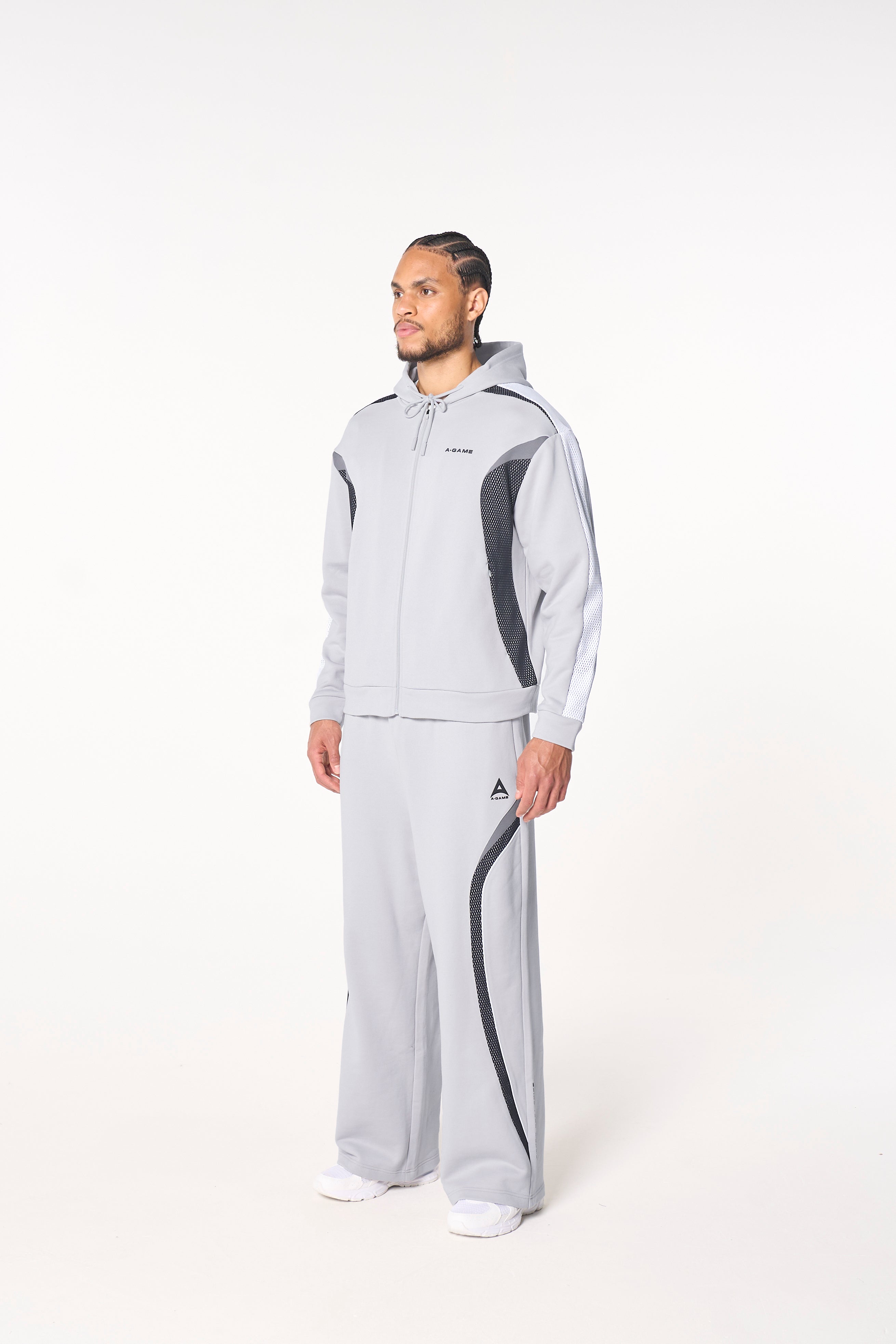 MENS LIFEWEAR PANELLED MESH SPORT ZIP THROUGH HOODIE - GREY / BLACK