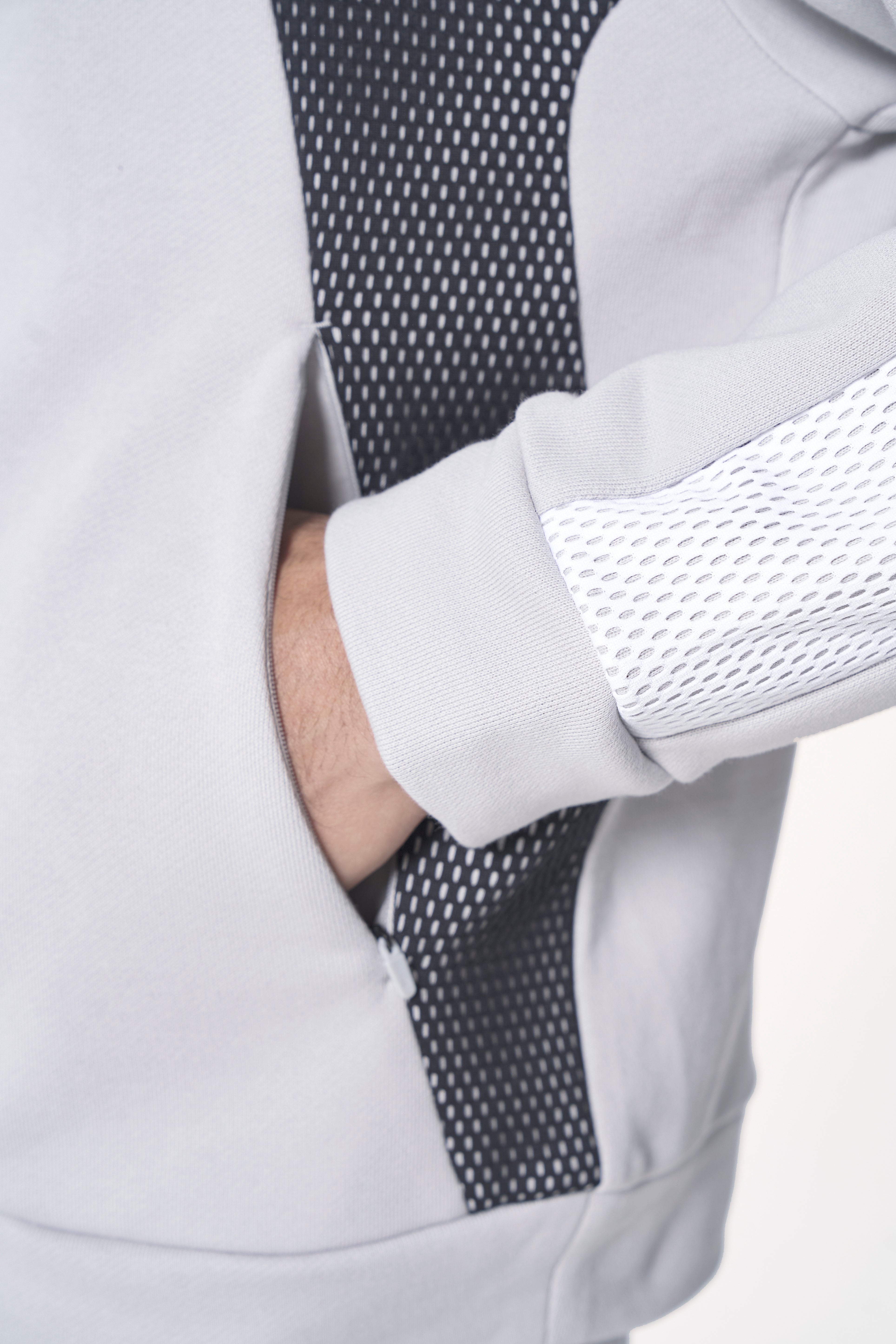 MENS LIFEWEAR PANELLED MESH SPORT ZIP THROUGH HOODIE - GREY / BLACK