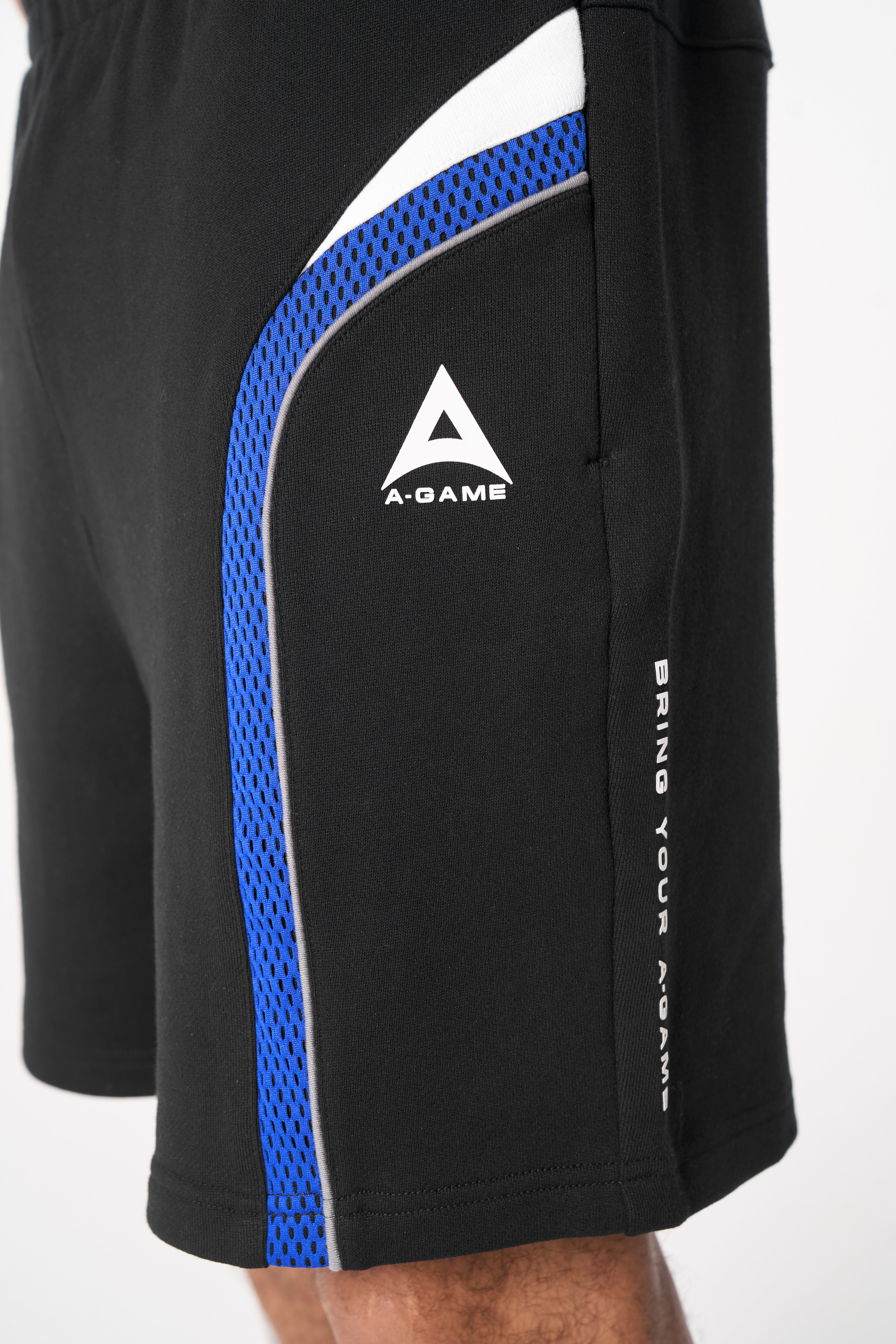 MENS LIFEWEAR MESH PANELLED SWEAT SHORTS - BLACK / COBALT BLUE