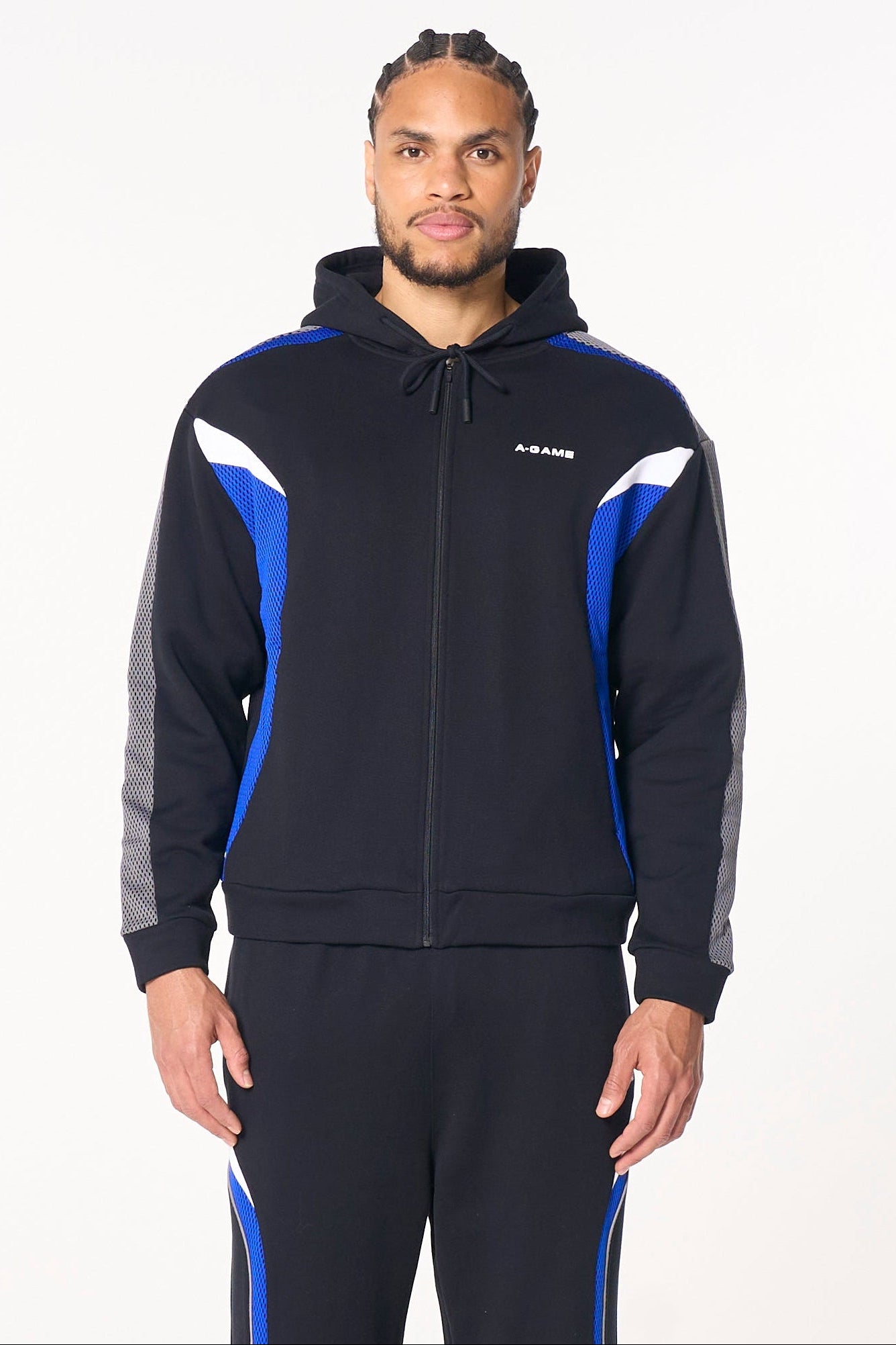 MENS LIFEWEAR PANELLED MESH SPORT ZIP THROUGH HOODIE - BLACK / COBALT BLUE