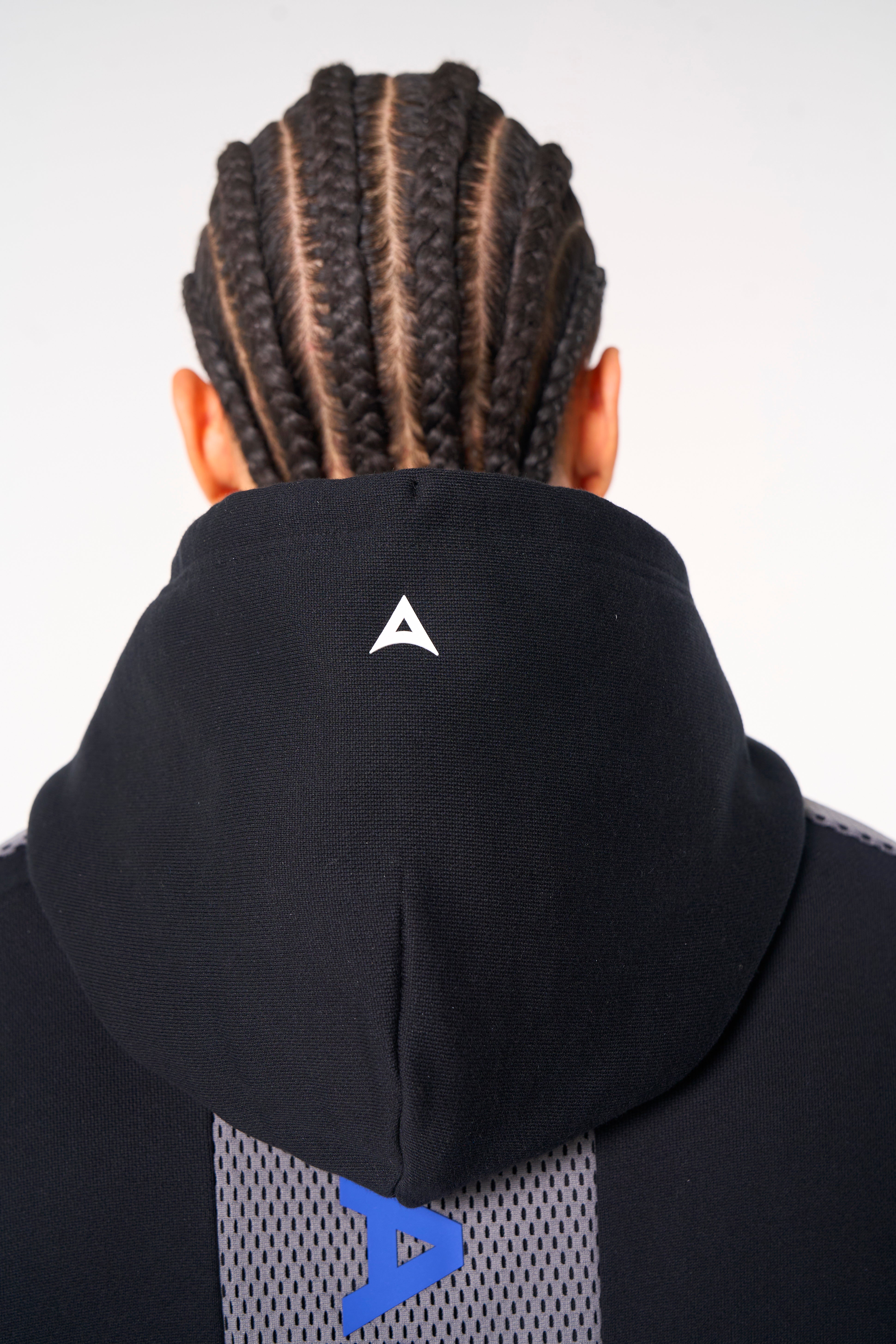 MENS LIFEWEAR PANELLED MESH SPORT ZIP THROUGH HOODIE - BLACK / COBALT BLUE