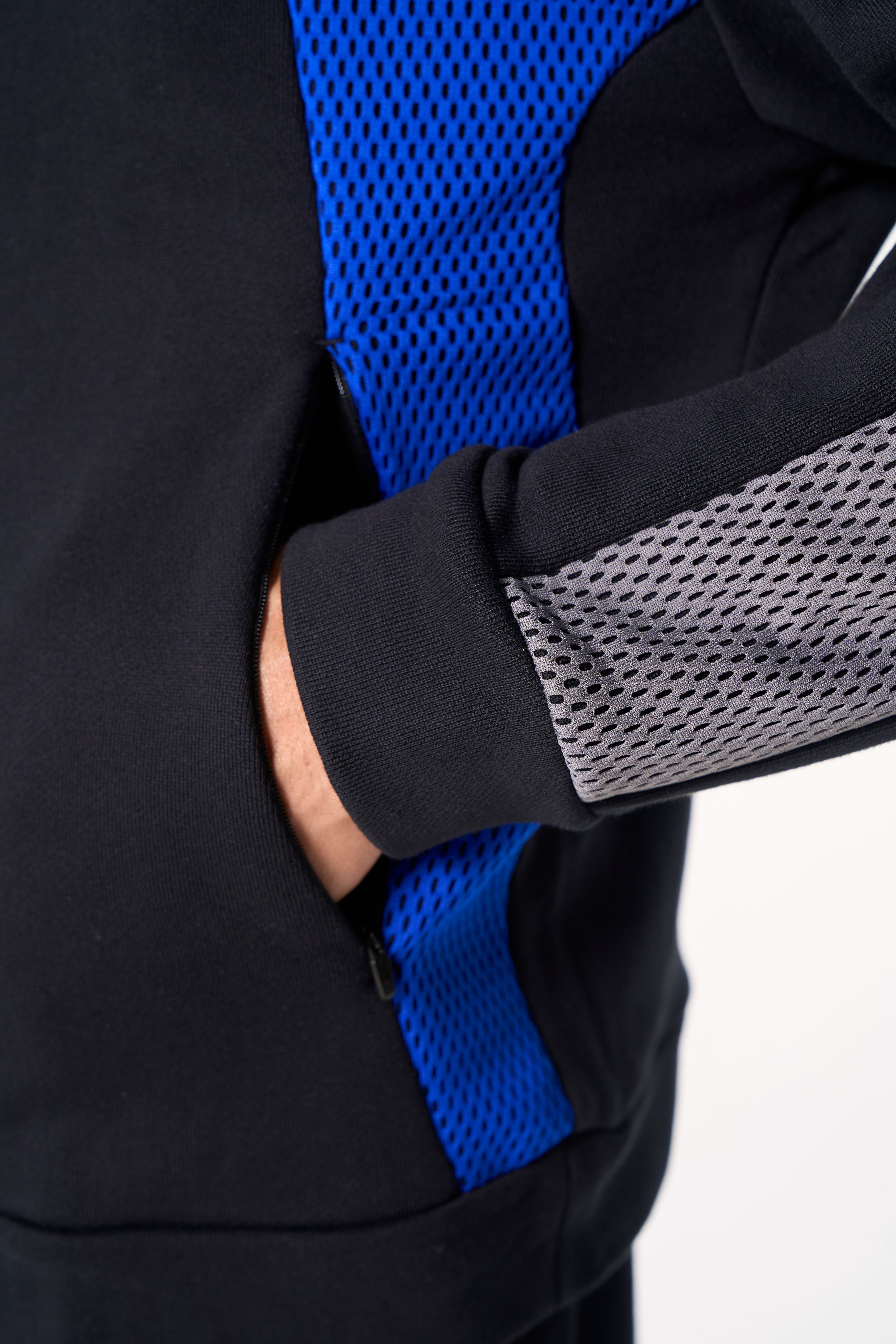 MENS LIFEWEAR PANELLED MESH SPORT ZIP THROUGH HOODIE - BLACK / COBALT BLUE