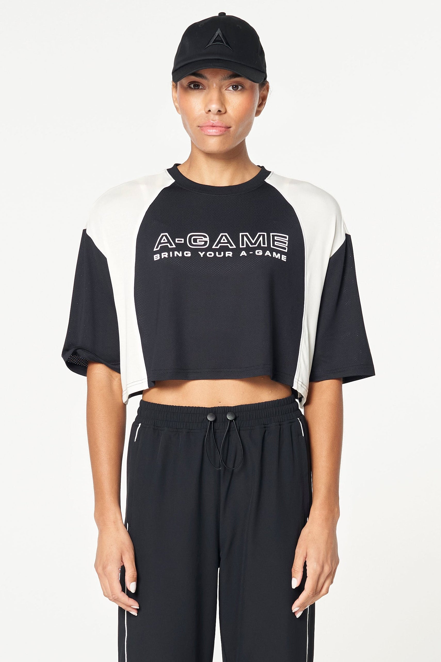 WOMENS LIFEWEAR CROPPED MESH PANEL T-SHIRT - BLACK