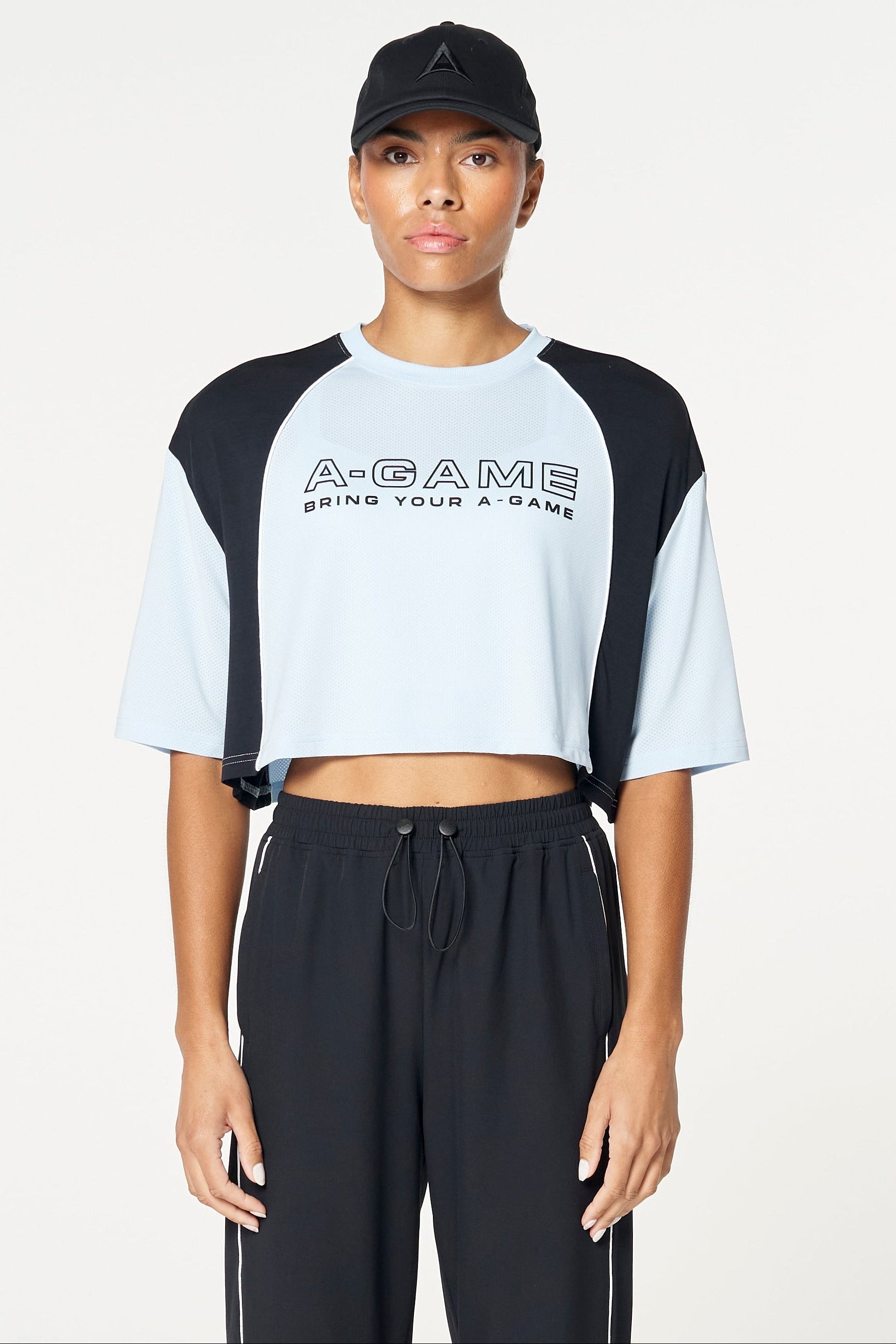 WOMENS LIFEWEAR CROPPED MESH PANEL T-SHIRT - PALE BLUE