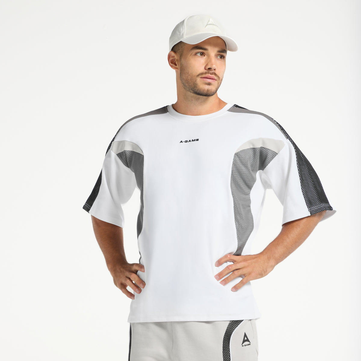 Men's Panelled Mesh Sport T-Shirt - White / Charcoal