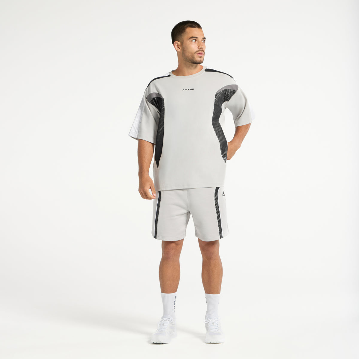 Men's Panelled Mesh Sport T-Shirt - White / Charcoal