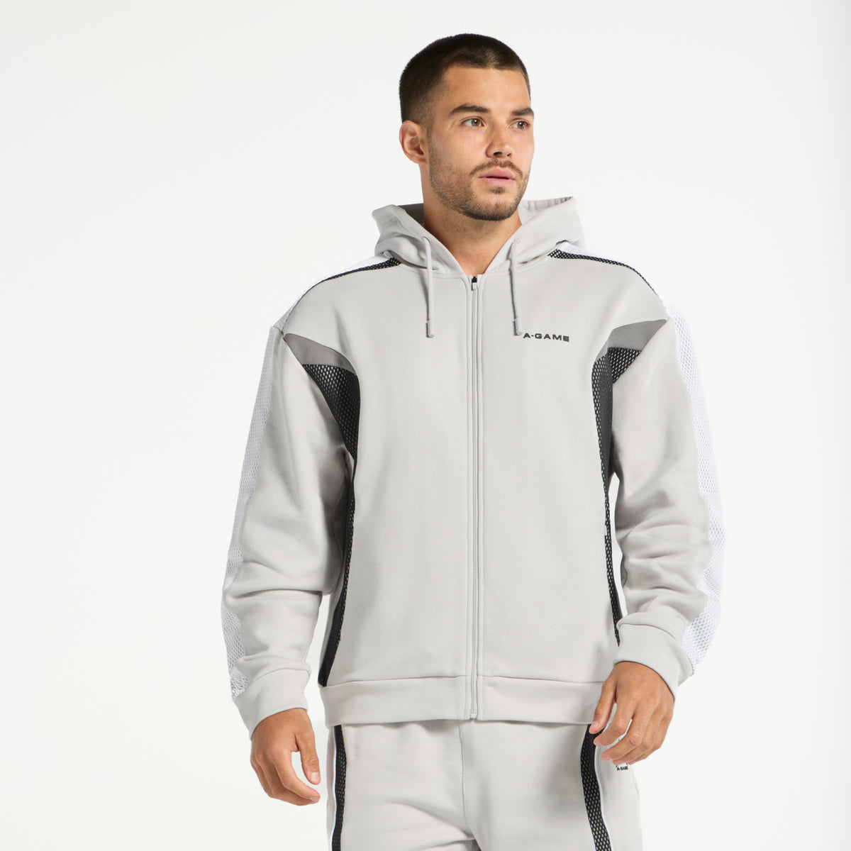 Men's Panelled Mesh Sport Zip Through Hoodie - Grey / Black