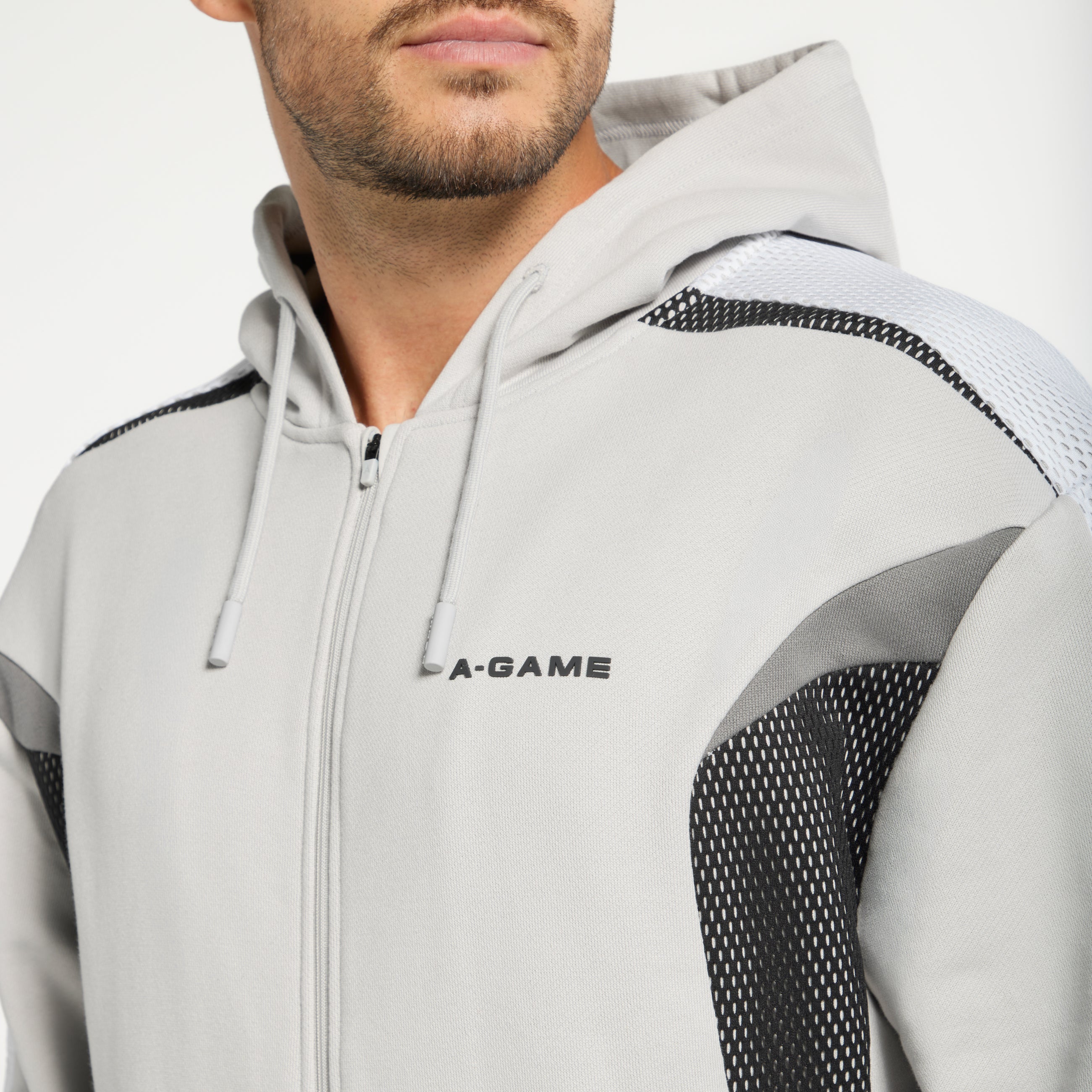 Men's Panelled Mesh Sport Zip Through Hoodie - Grey / Black